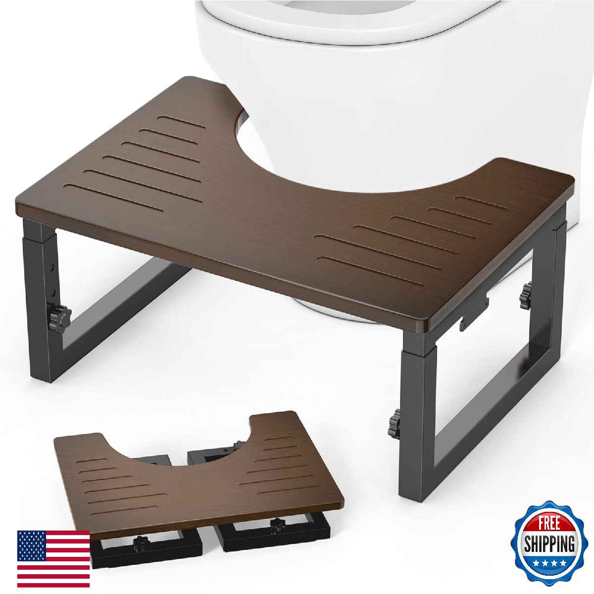 Bamboo Toilet Stool Squat, 7in 8 in & 9in Adjustable Heights, Foldable Poop Stoo - Image 1