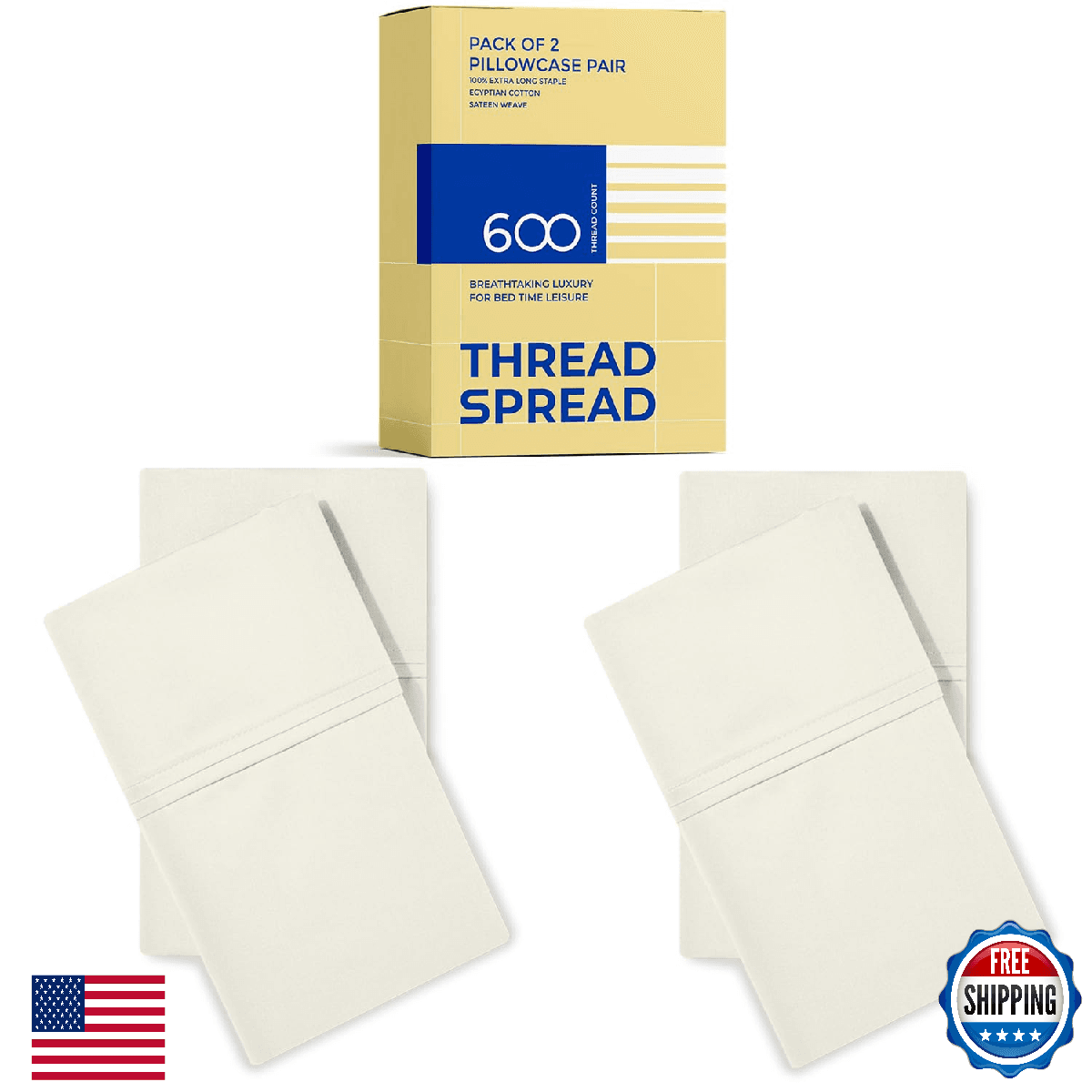 THREAD SPREAD 100% Egyptian Cotton Pillow Cases Queen Size Set of 2 - Luxury 600 - Image 1