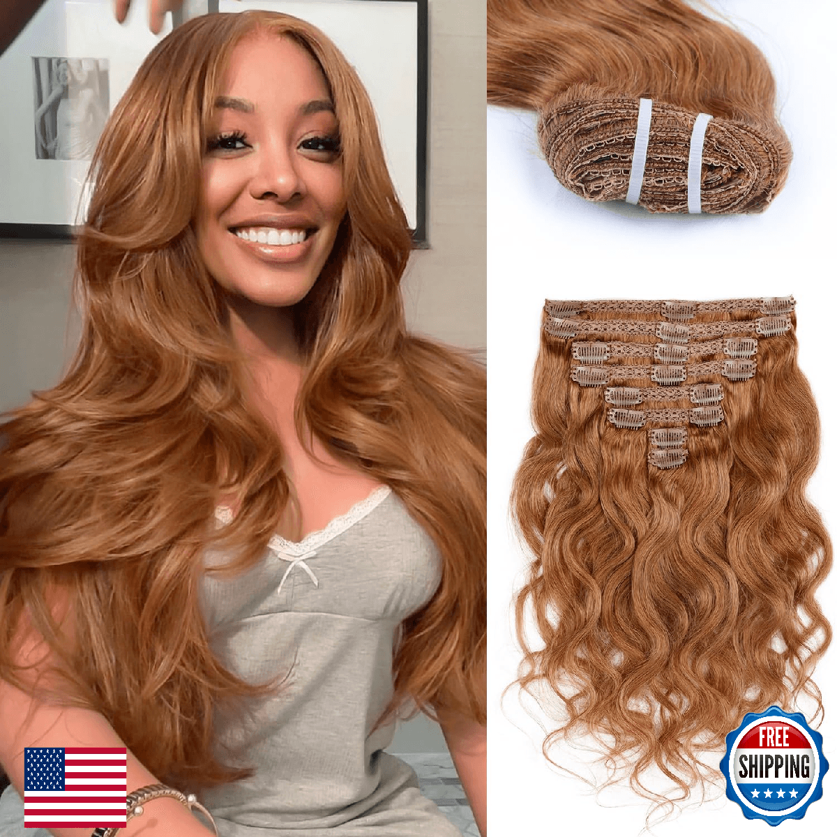 Clip in Hair Extensions Real Human Hair 70 Gram Body Wave Brown Clip in 100% Bra - Image 1