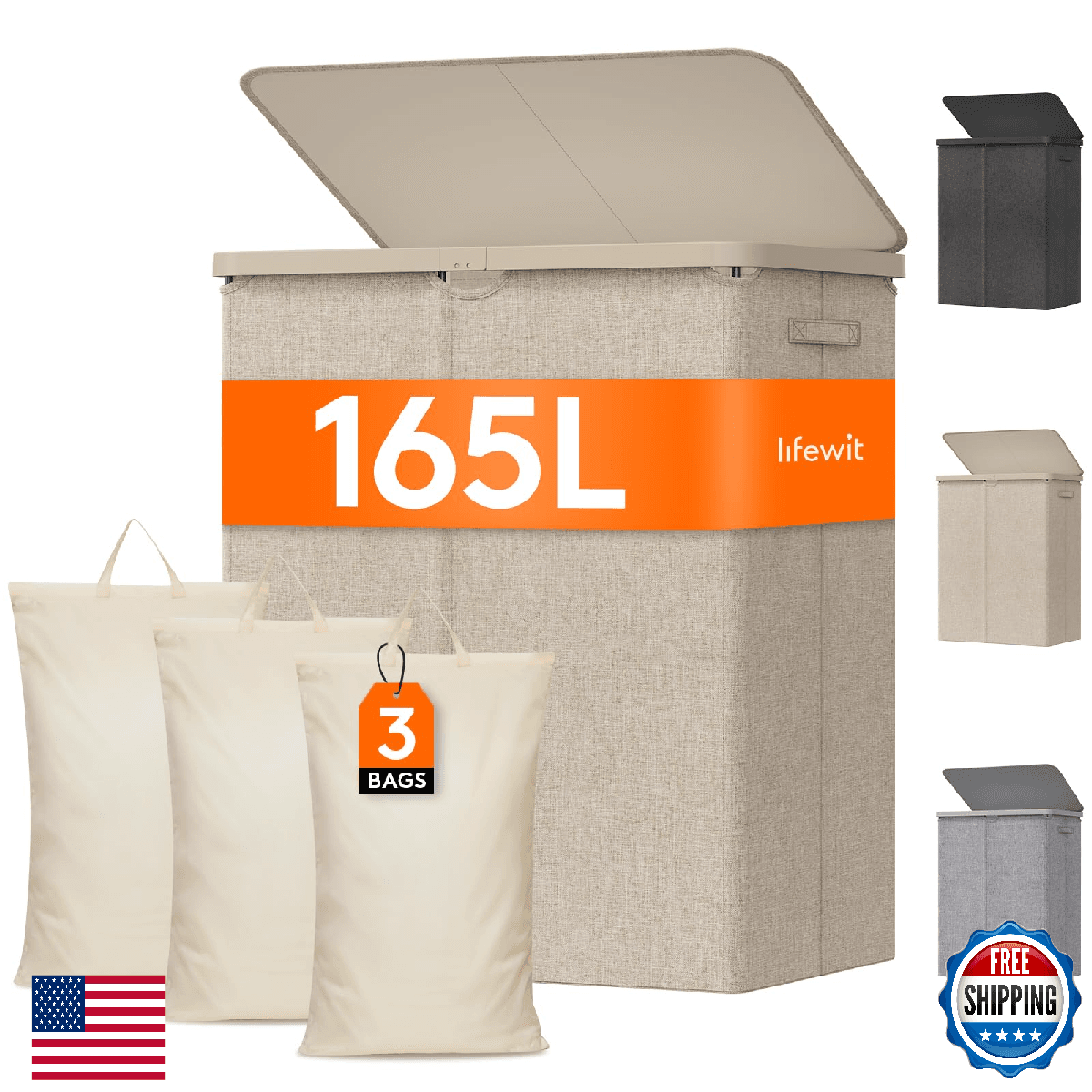 Lifewit 165L Large Laundry Basket with Lid, Laundry Hamper with Plastic Handles - Image 1