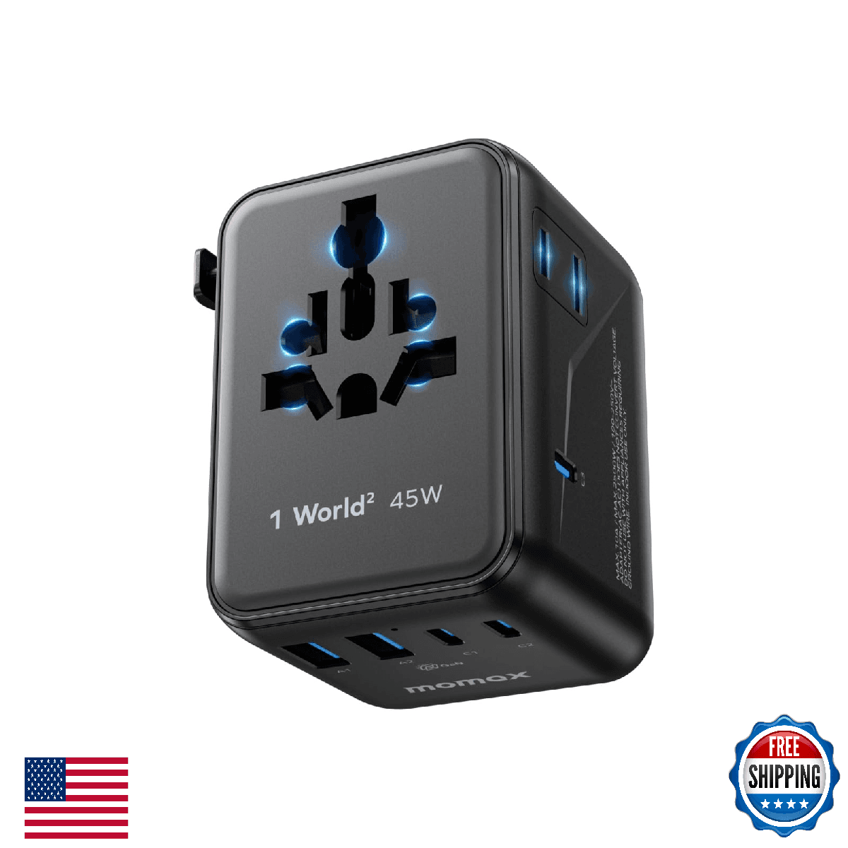 Momax 7-in-1 Universal Travel Adapter GaN 45W EU UK AUS JP US Power Plug 3 USB-C - Image 1