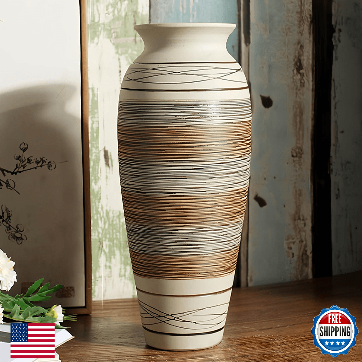 Ceramic Rustic Farmhouse Vase, 12.6” Large Vintage Flower vase for Home Decor, T - Image 1