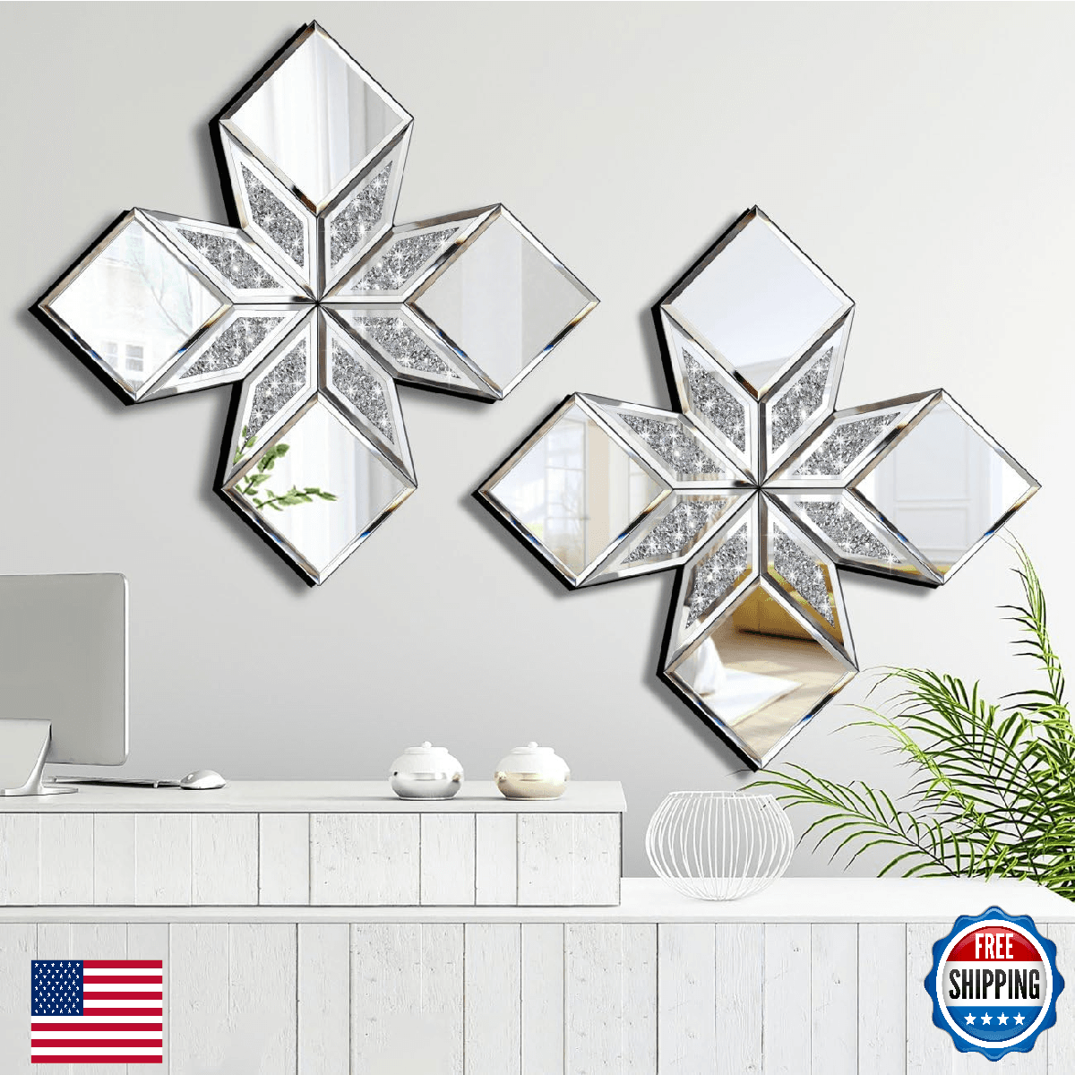 VOHJD Crushed Diamond Decorative Mirror 2-Pack 16.75" Diamond Shape Glass - Image 1
