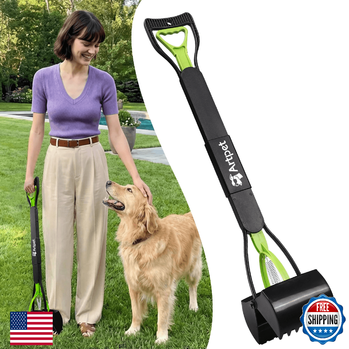 Artpet 32 Inch Dog Pooper Scooper Long Handle for Large Dogs for Yard – No Bendi