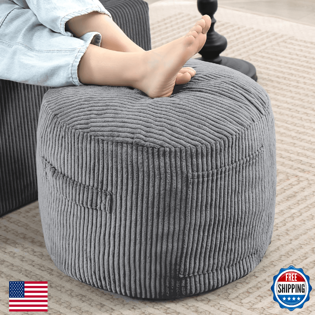 Manyday Round Stuffed Pouf Ottoman Corduroy Foot Rest Rebound Foam Floor Stool L - Image 1