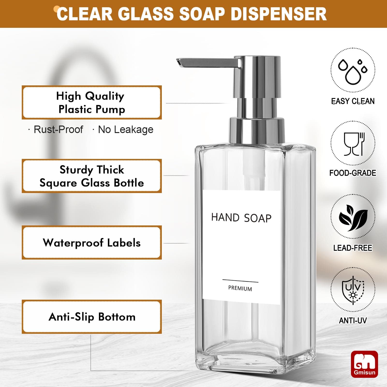 GMISUN Kitchen Soap Dispenser, 12 Fl oz/350ml Clear Dish Soap Dispenser with Sil - Thumbnail 6