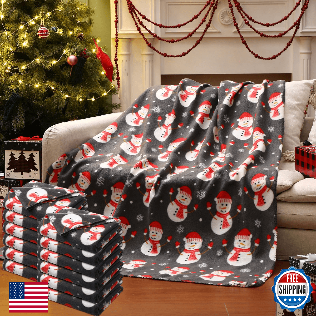 Preboun 12 Pcs 50 x 60 Inch Christmas Snowman Throw Blanket Fleece Printed Warm - Image 1
