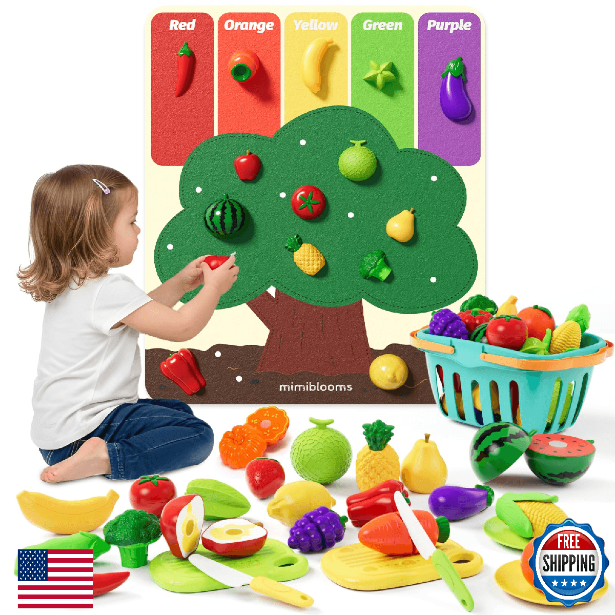 Mimiblooms Play Food Set with Cutting Fruits&Felt Tree Mat, Pretend Food Play Ki - Image 1