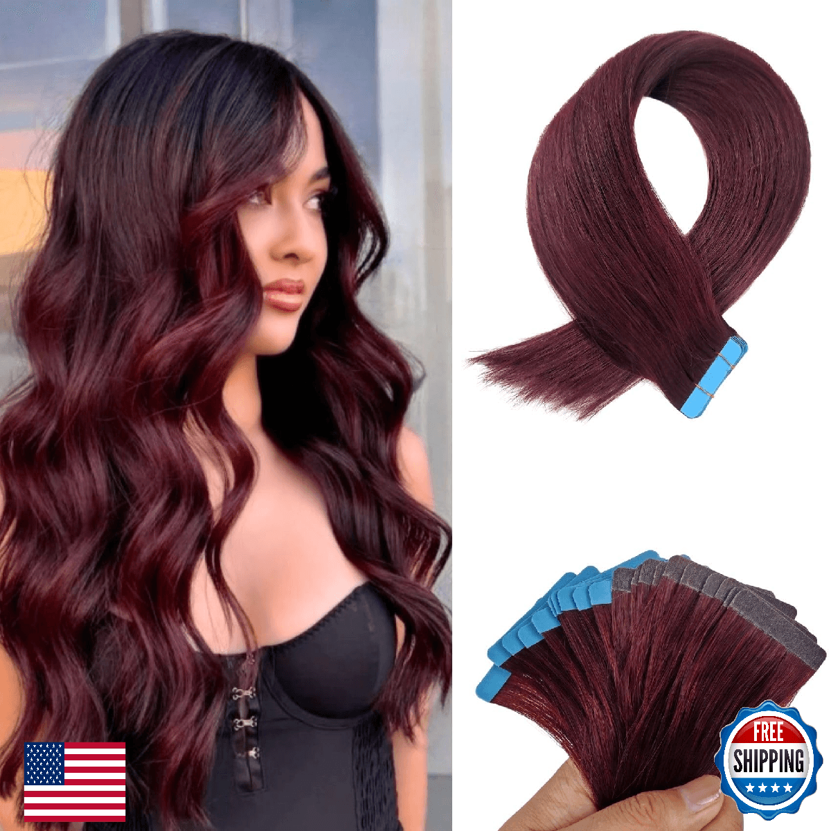 Long Invisible Tape Hair Extensions Human Hair Burgundy 24 Inch Straight Remy 20 - Image 1