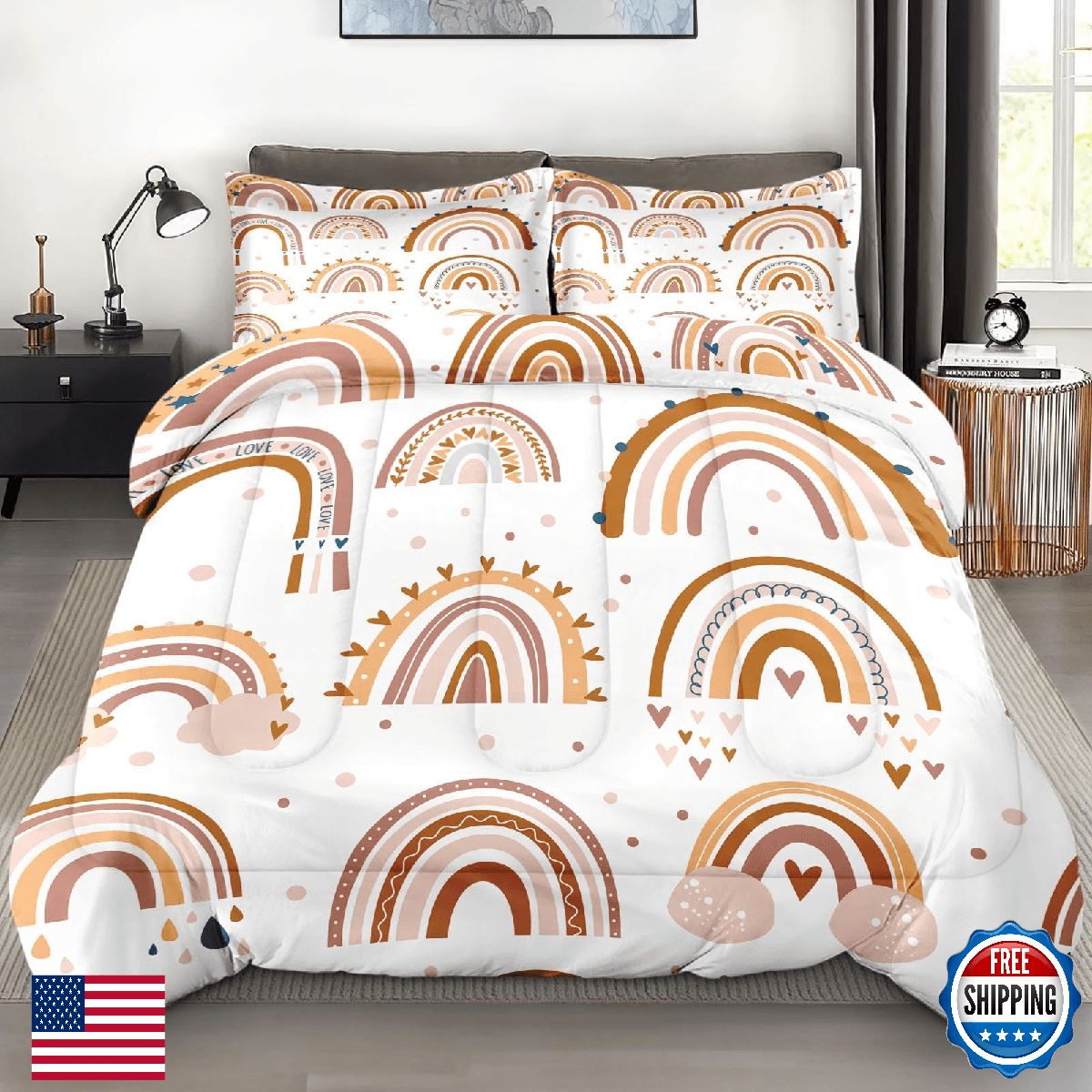 Pamnest King Comforter Set, Boho Rainbow Pink, Soft 3 Pc Bedding for Kids