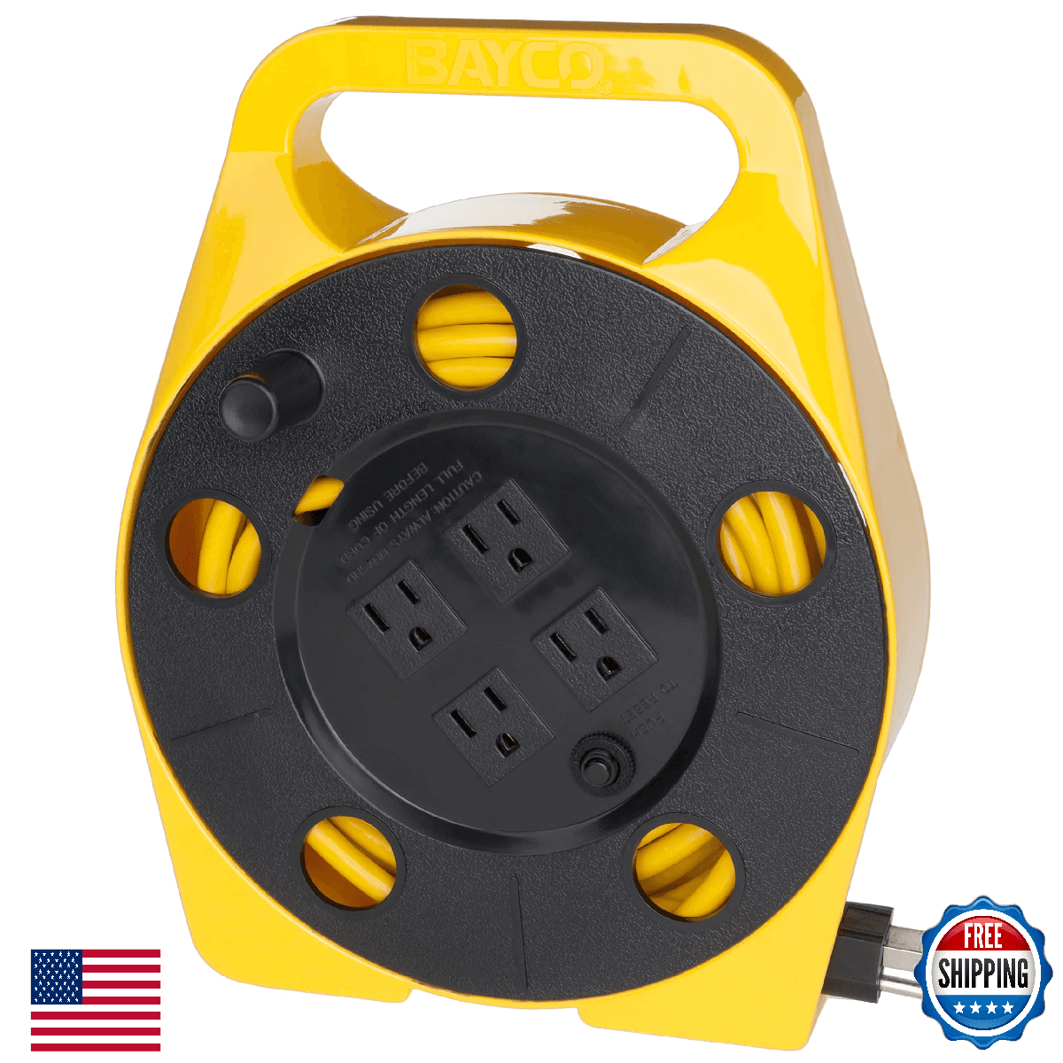 Bayco SL-755 25" Cord Reel with 4 Outlets, Yellow