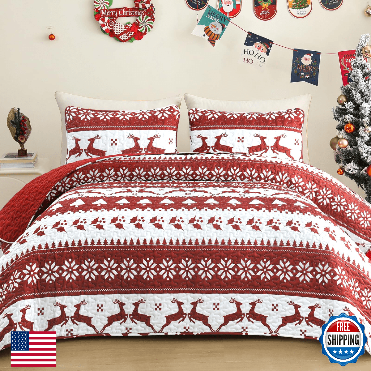 Exclusivo Mezcla Reversible Christmas Quilts Twin Size, Red Bedspread Lightweigh