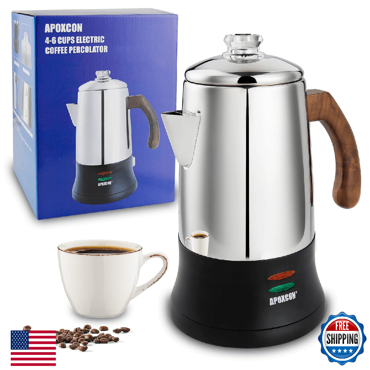 APOXCON Electric Coffee Percolator Stainless Steel Coffee Maker with Tough Glass - Image 1