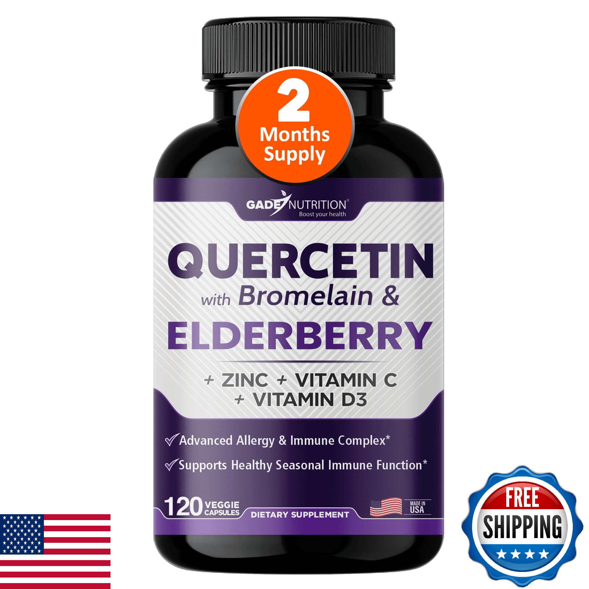 Gade Nutrition Quercetin, Bromelain, Elderberry, Vitamin C, D3, Zinc Immune Supp - Image 1
