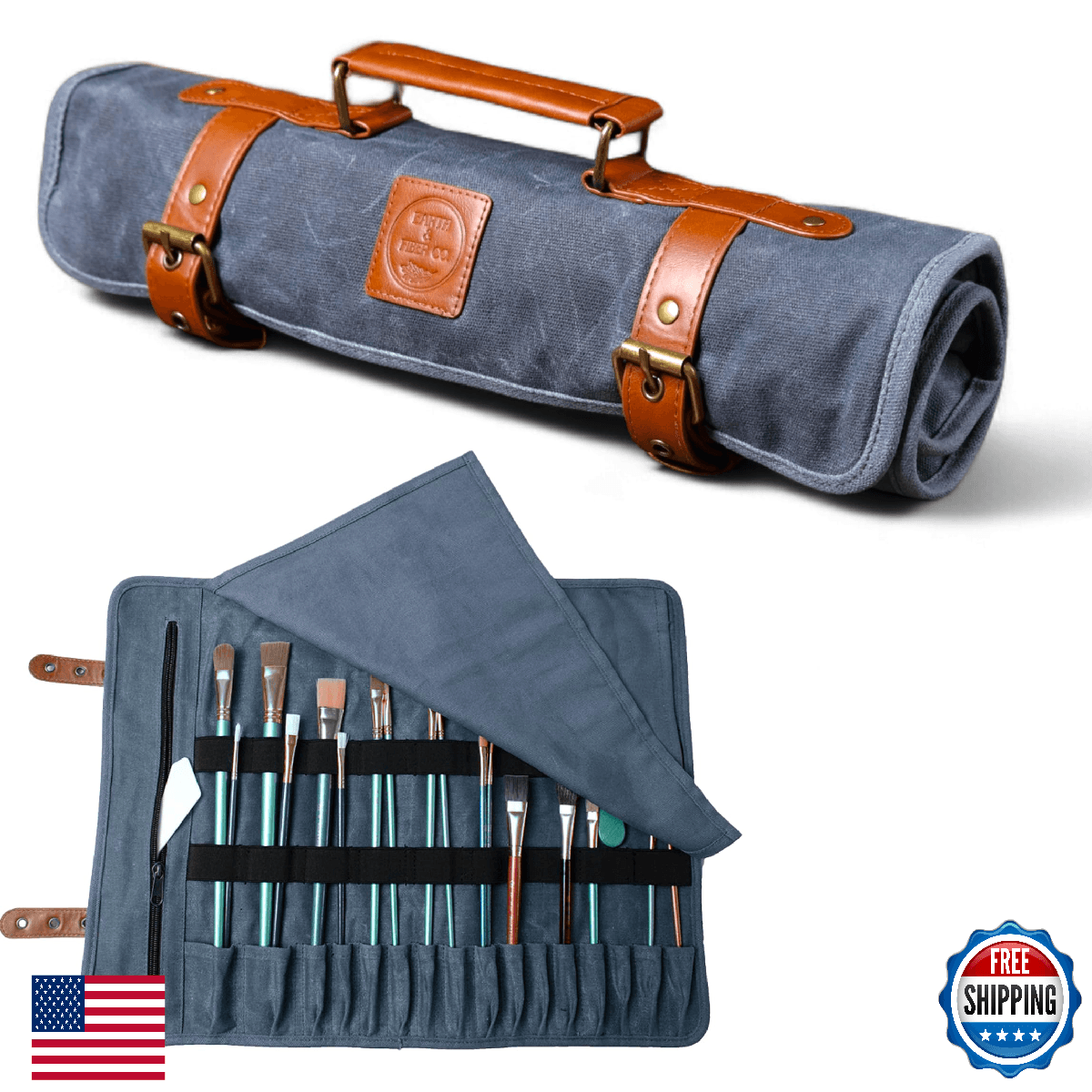 Earth & Fiber Co. Waxed canvas paint brush holder - Art bag for painting, drawin