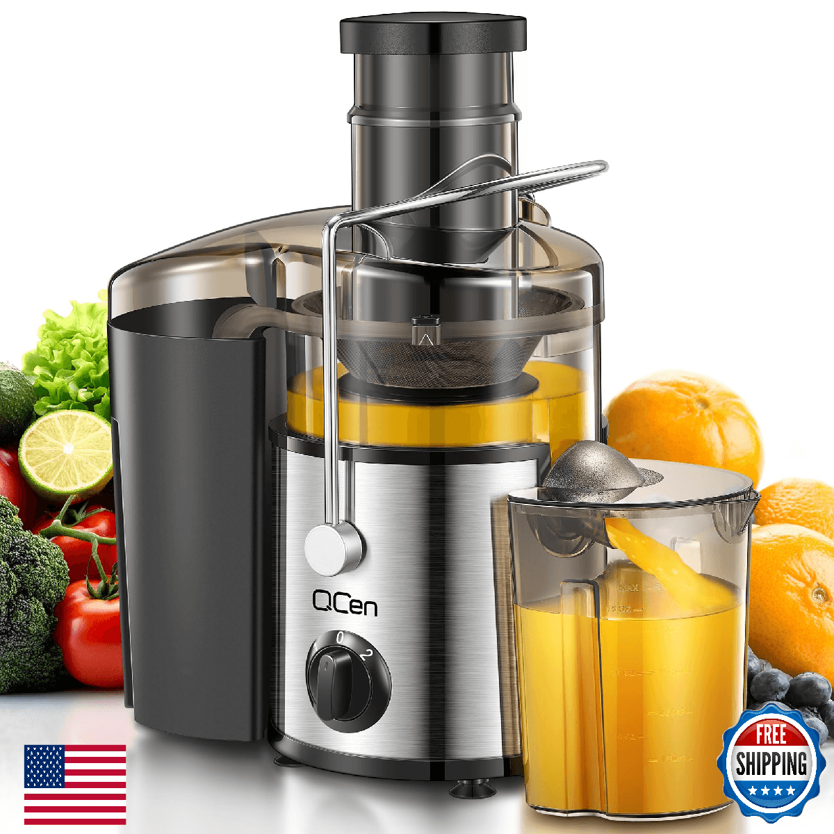 QCen 500W Centrifugal Juicer Machine, 3” Wide Mouth, 2-Speed, Easy Clean