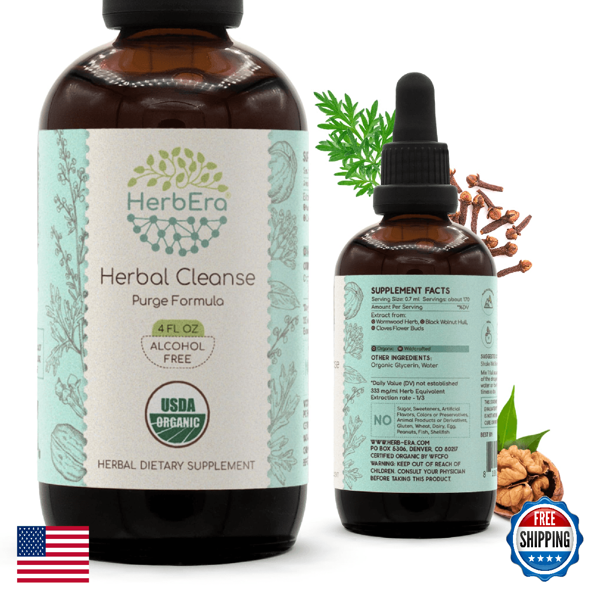 HerbEra Organic Herbal Cleanse Tincture: Wormwood, Black Walnut, Cloves Detox - Image 1