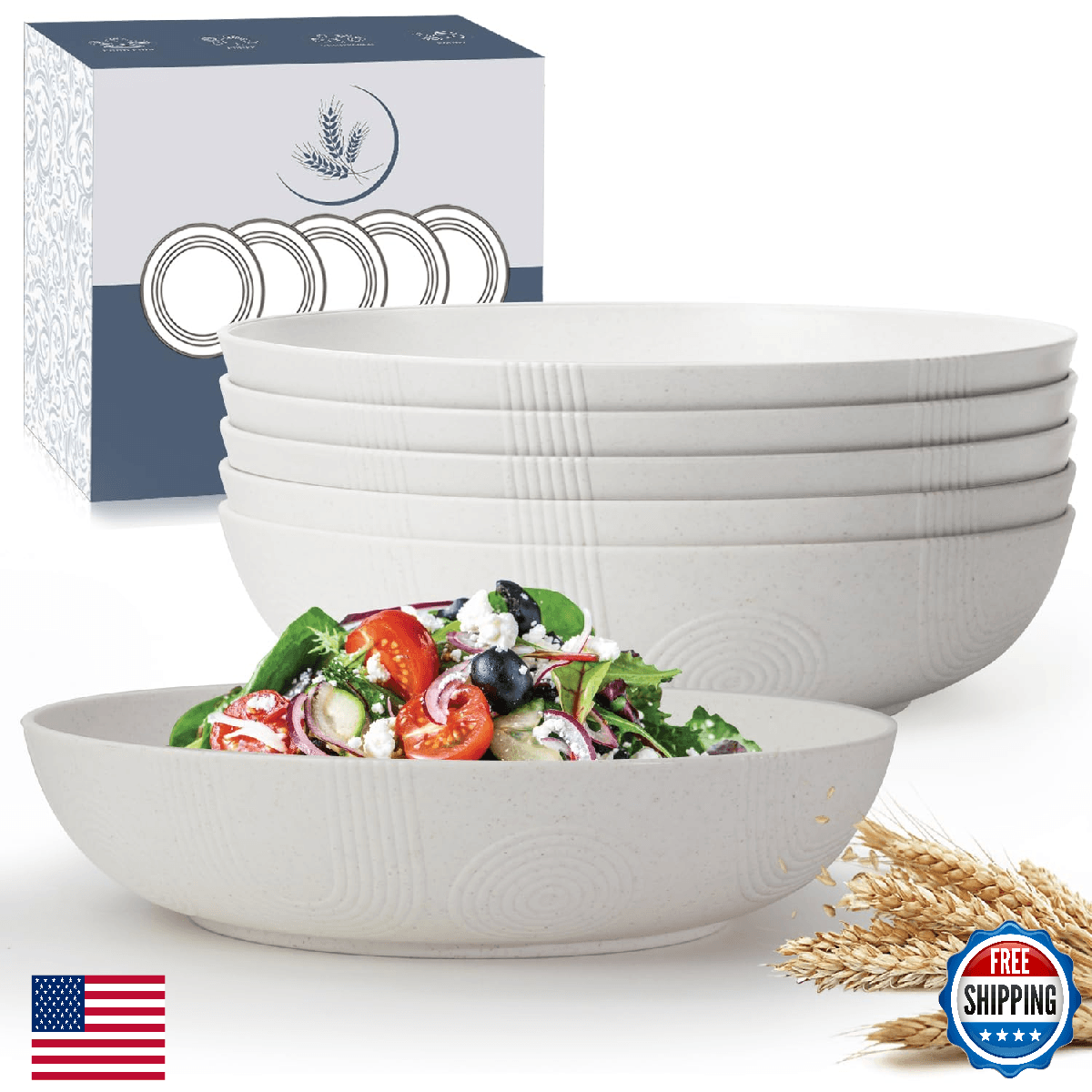 Wrova 10inch Wheat Straw Salad Bowls Set of 6 - Unbreakable Large Serving Bowls - Image 1