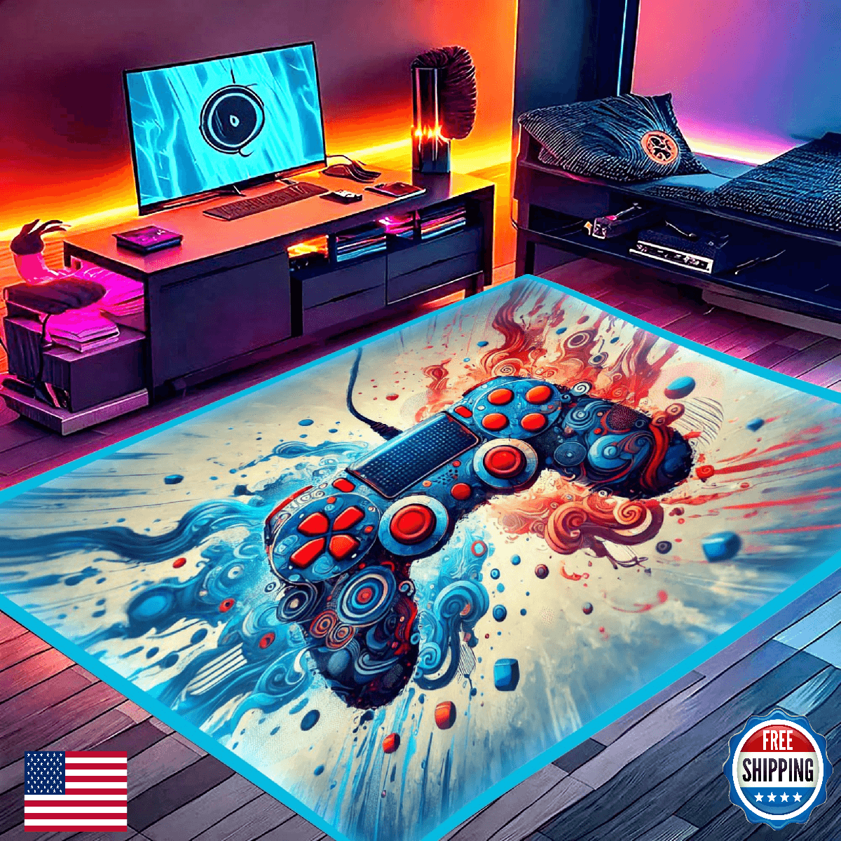 DEALZOOM Gaming Rug RGB LED Light (3x5 Waveburst Controller) - Bedroom Gamer Rug - Image 1