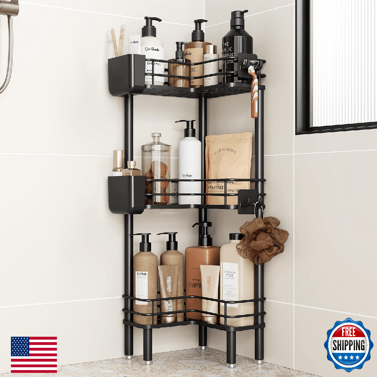 Orimade Rustproof 3 Tier Floor Standing Corner Shower Caddy Organizer with Tooth - Image 1