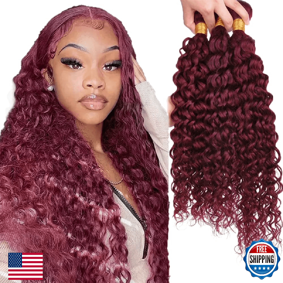 FuivJuix #99J Burgundy Bundles Water Wave Bundles Human Hair 16 16 16 Inch Brazi - Image 1