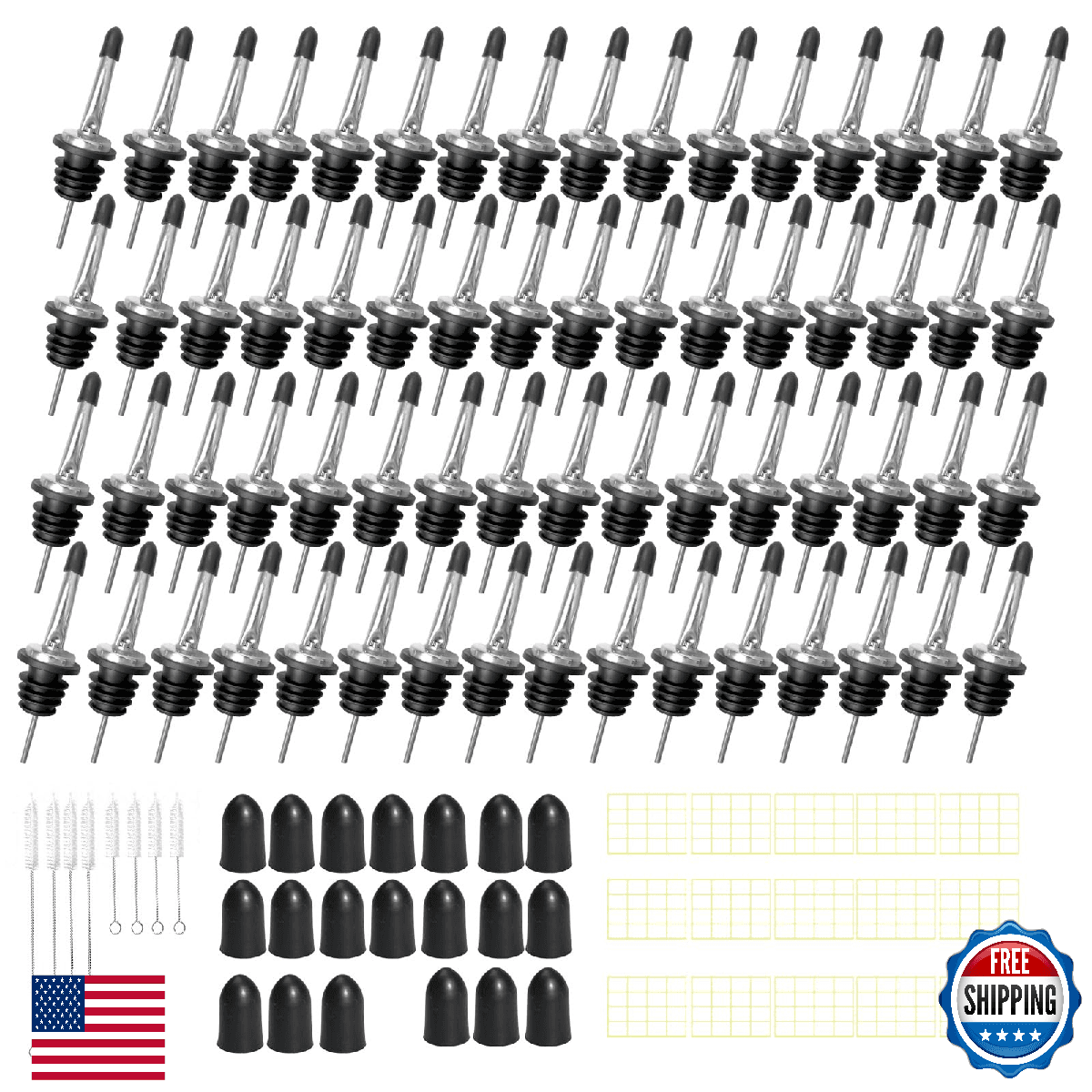 80-Pack Stainless Steel Tapered Liquor Bottle Pourers w/ Rubber Dust Caps & Brus - Image 1