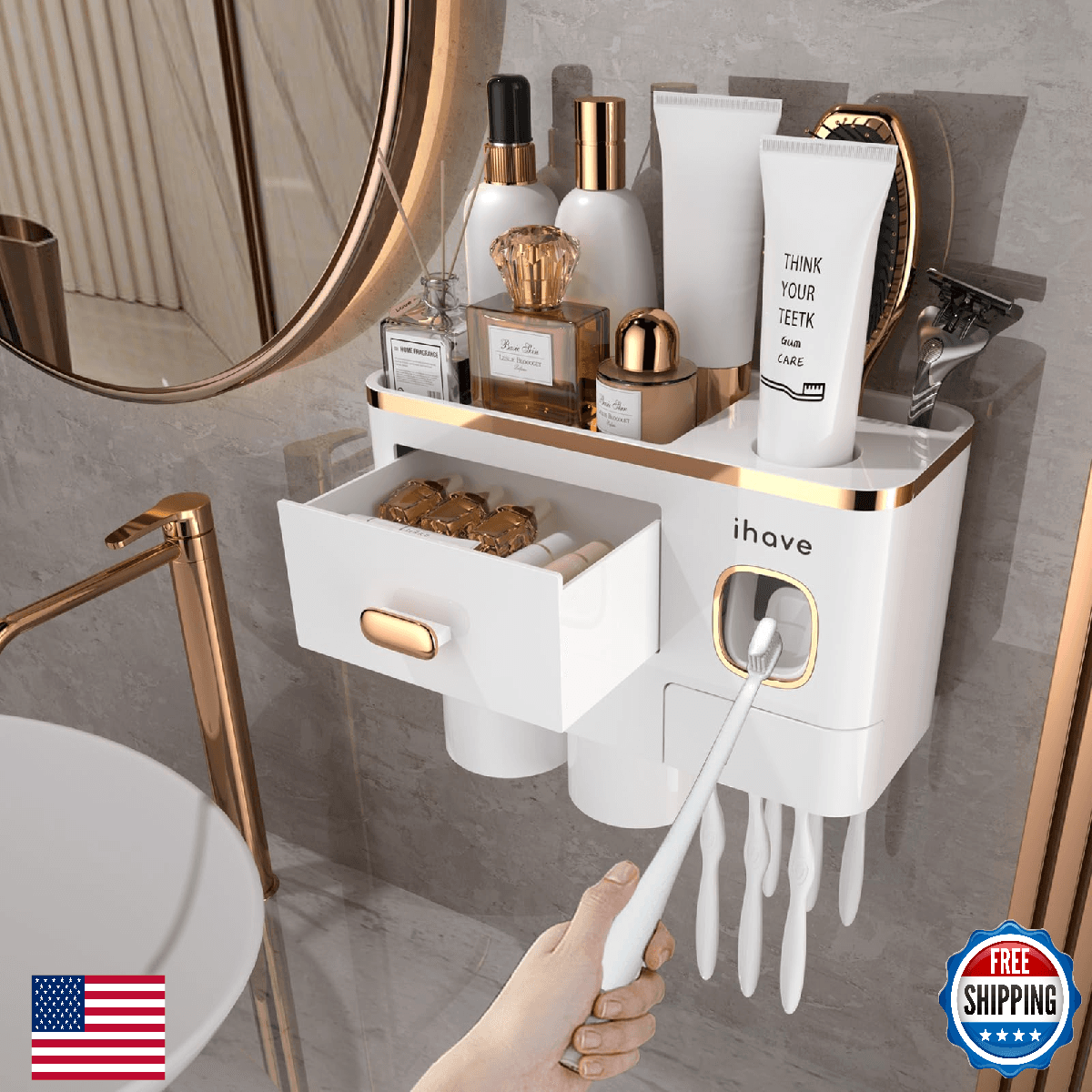 iHave Toothbrush Holders Wall Mounted with Toothpaste Dispenser & 2 Cups - Premi - Image 1