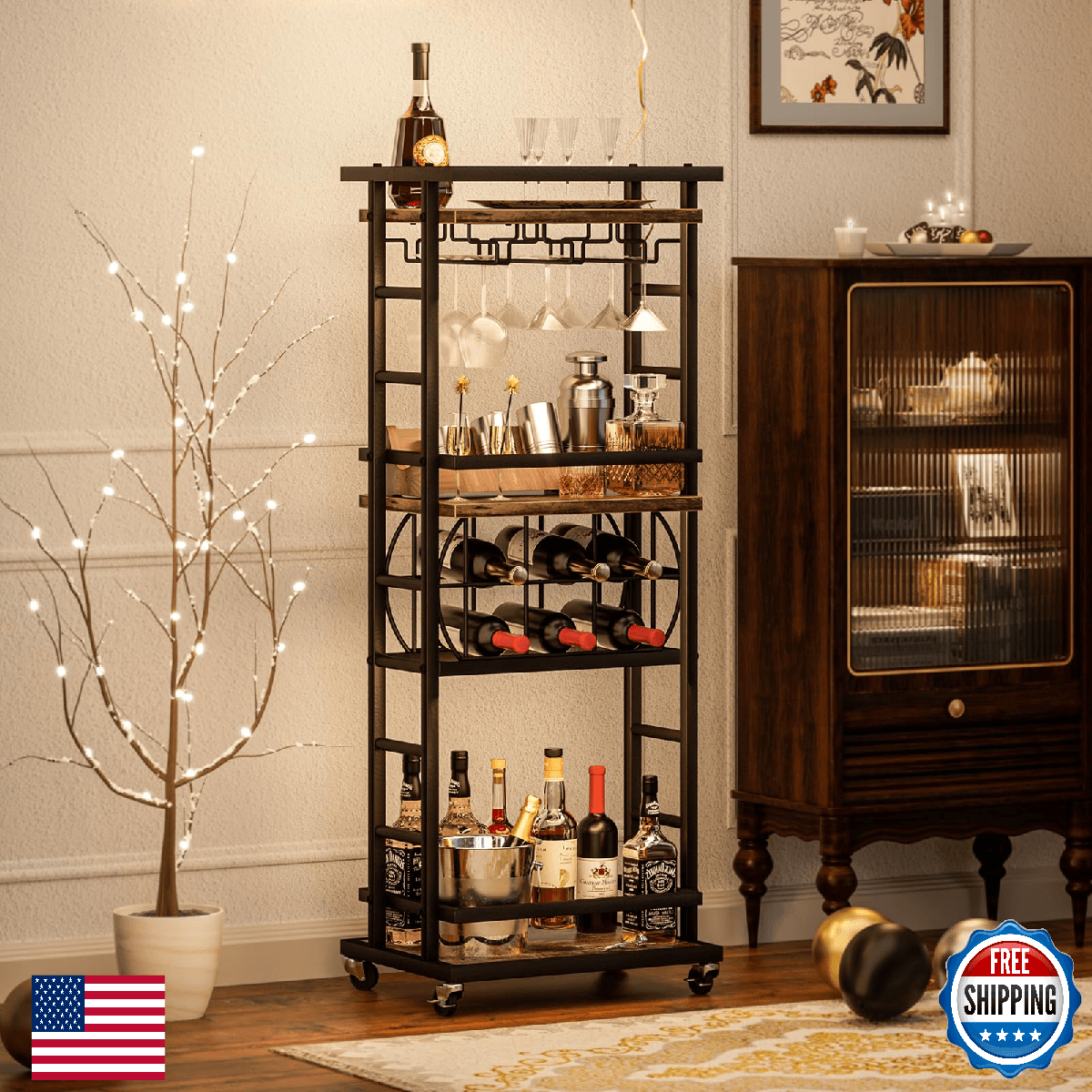 4-Tier Bar Cart on Wheels, Rolling Mini Wine & Liquor Serving Cart for Home - Image 1