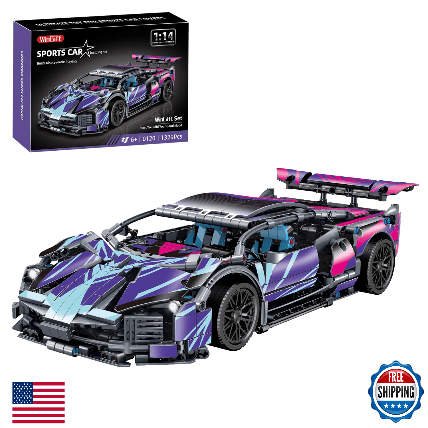 WINGIFT 1329Pcs Sports Car Building Blocks Kit for Boys/Adults, 1:14 Race Car - Image 1