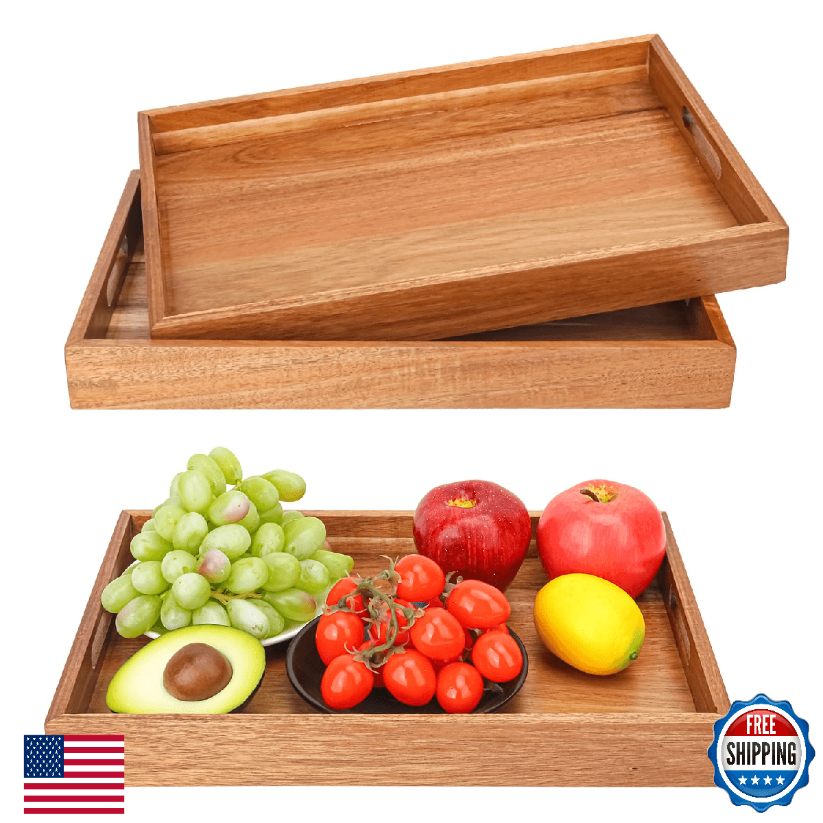 kukmakri 3 PCS Acacia Wood Serving Tray with Handles - 15 x 10 Inch Elegant Rect - Image 1
