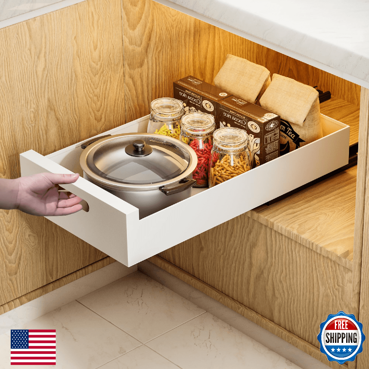 1 Pack 21" Deep Pull Out Cabinet Organizer Adhesive 10" Wide Steel Roll-Out Draw - Image 1