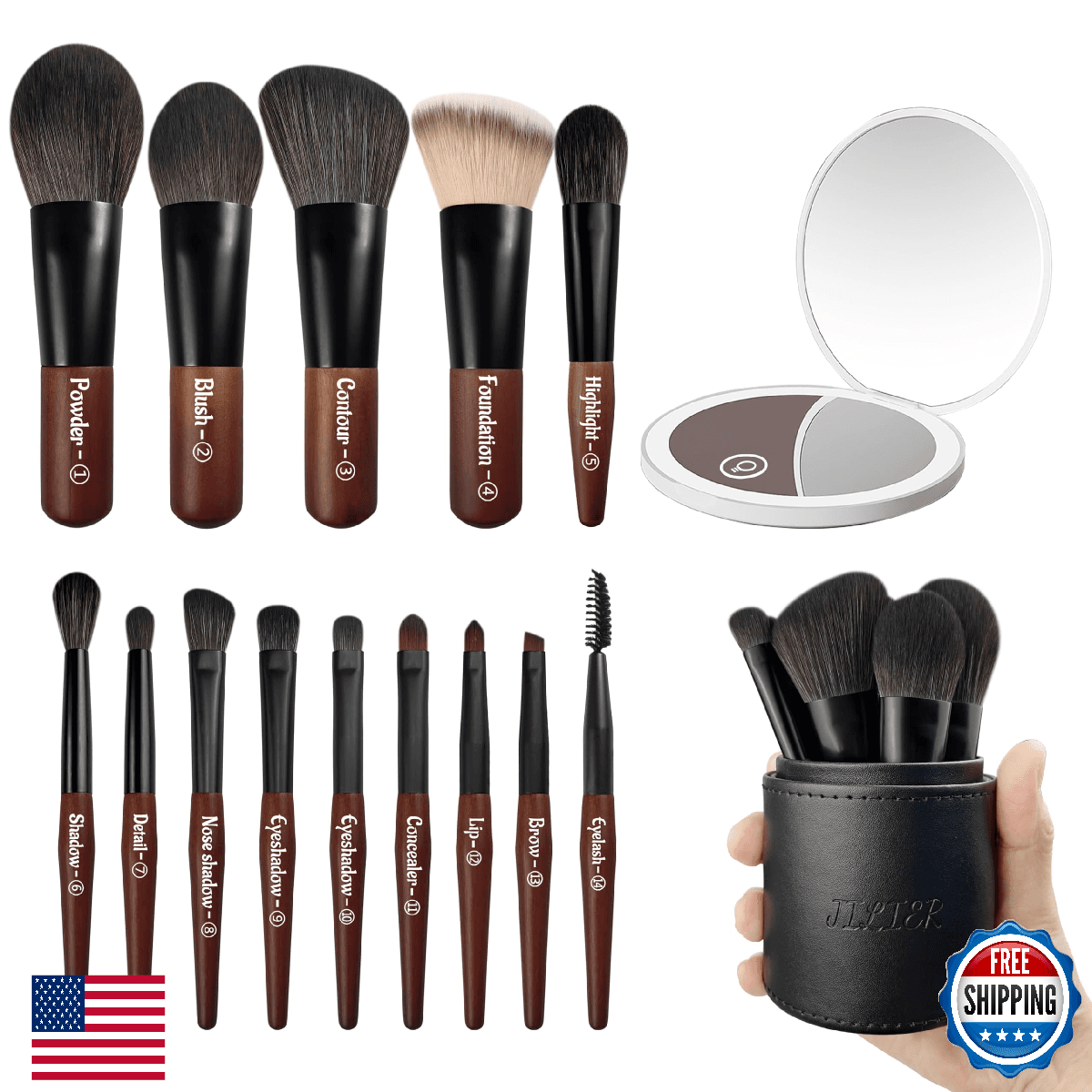 Jilier 14pcs Mini Makeup Brush Set w/ LED Travel Mirror LE - Compact & Pro - Image 1
