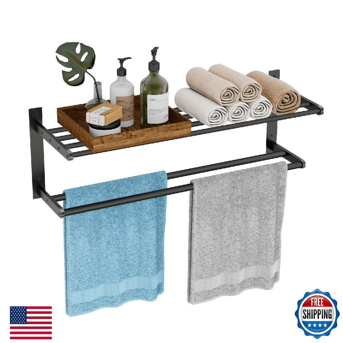 Bathroom Towel Rack 24", 2 Tier Towel Racks for Bathroom Wall Mounted, Bathroom - Image 1