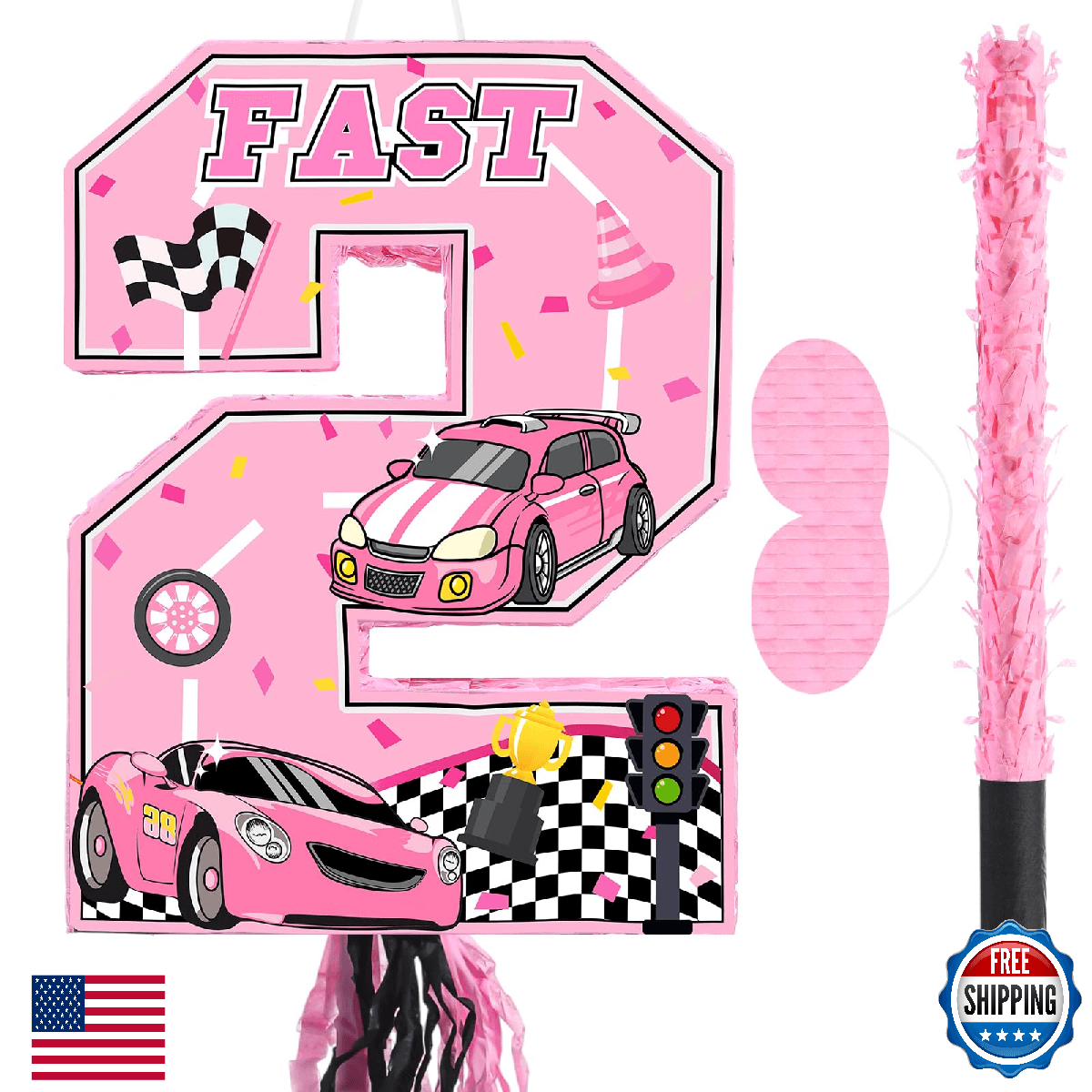 Harrycle Number 2 Piñata Pink Race Car Party Decorations Racing Cars Pull String - Image 1