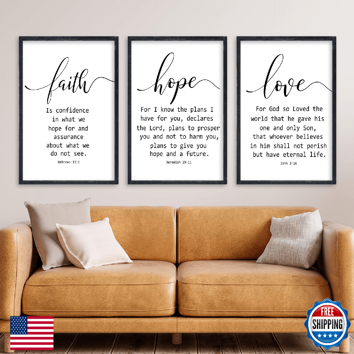 Faith Hope and Love Bible Verses Wall Decor Sign 16x24 Inch Wood Framed Set of 3 - Image 1