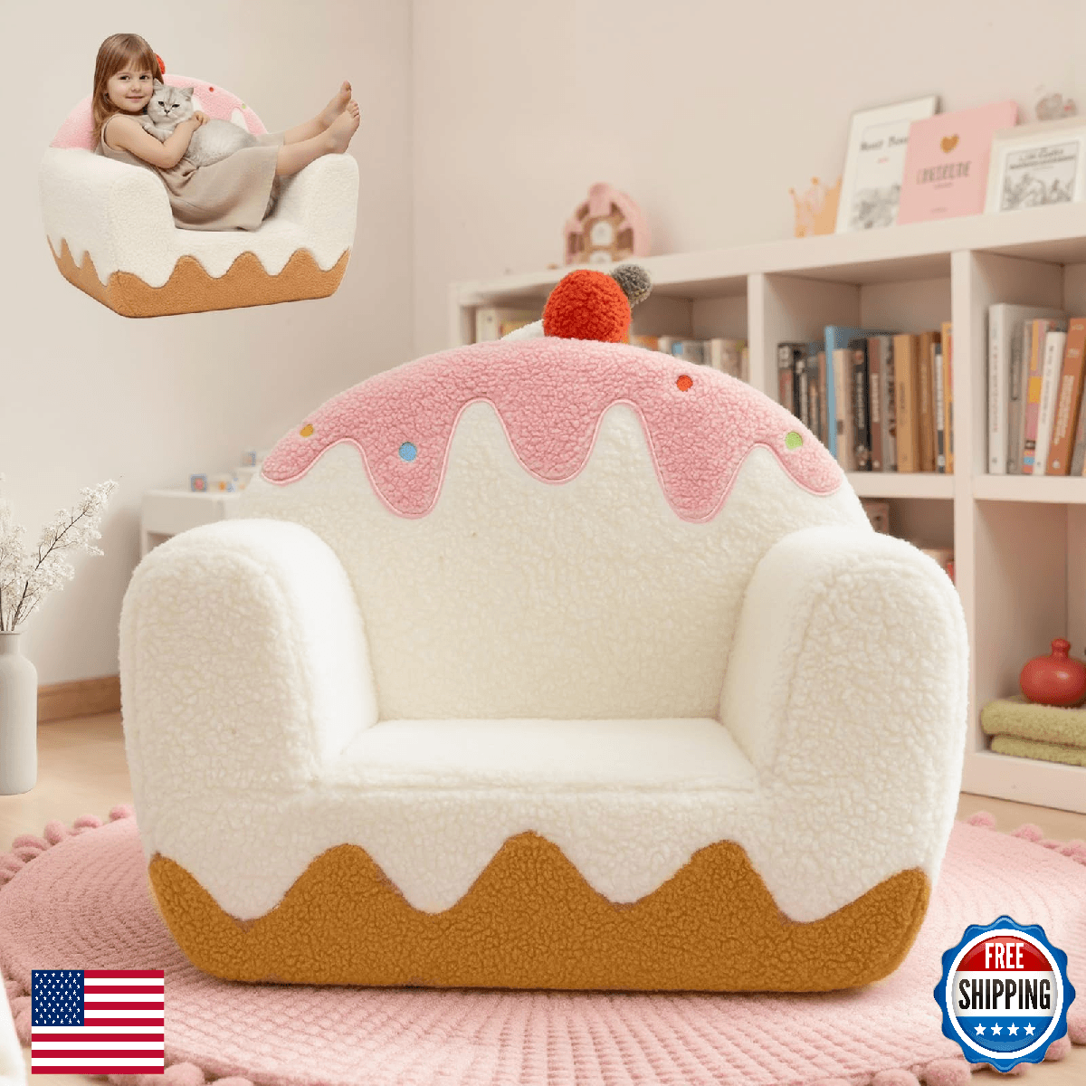 OUOZZZ Toddler Chair for Ages 1–6, Soft Sherpa Kids Sofa with Book Pocket & Carr - Image 1
