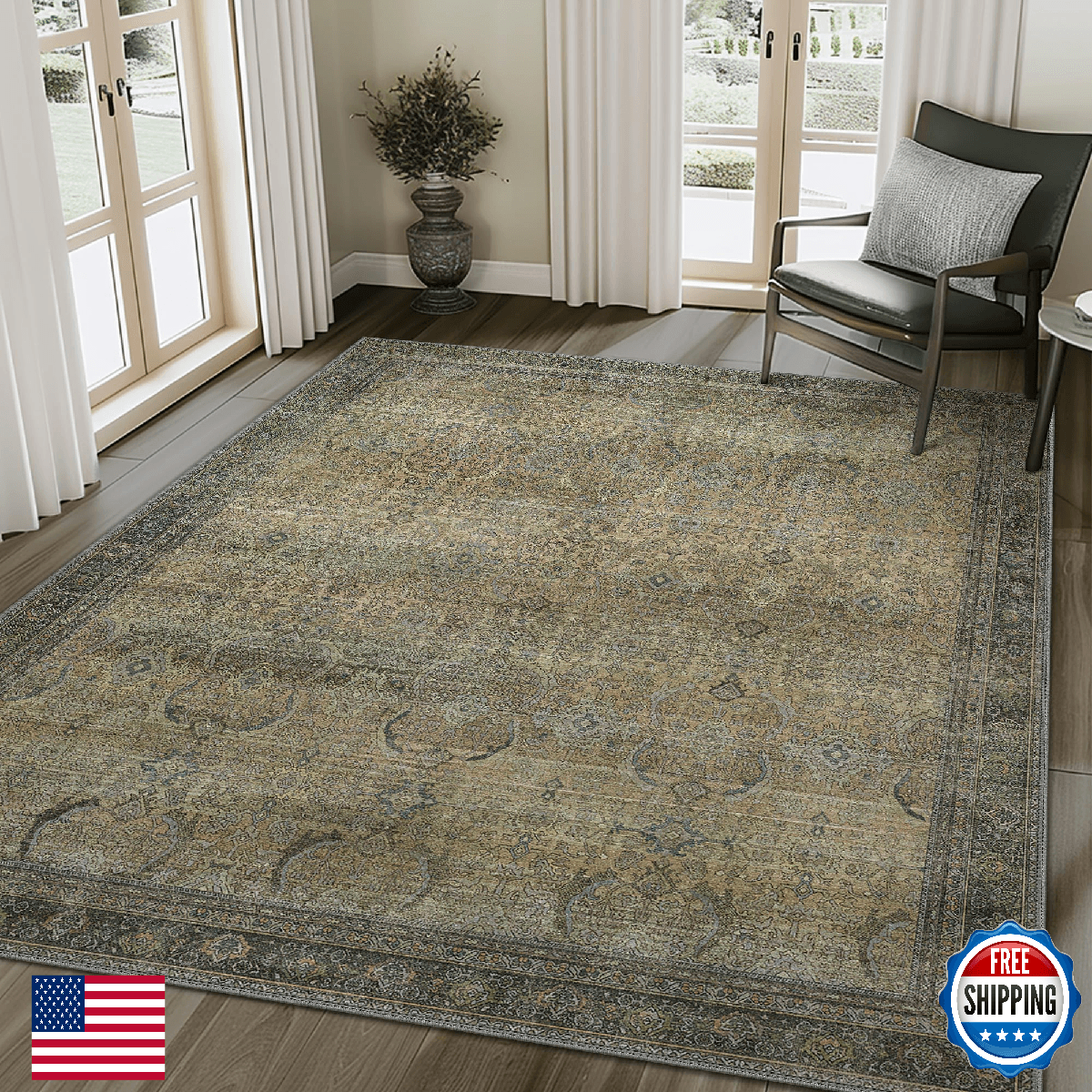 BESBLEE 6X9 Area Rugs Machine Washable Rugs for Living Room, Vintage Boho Large - Image 1