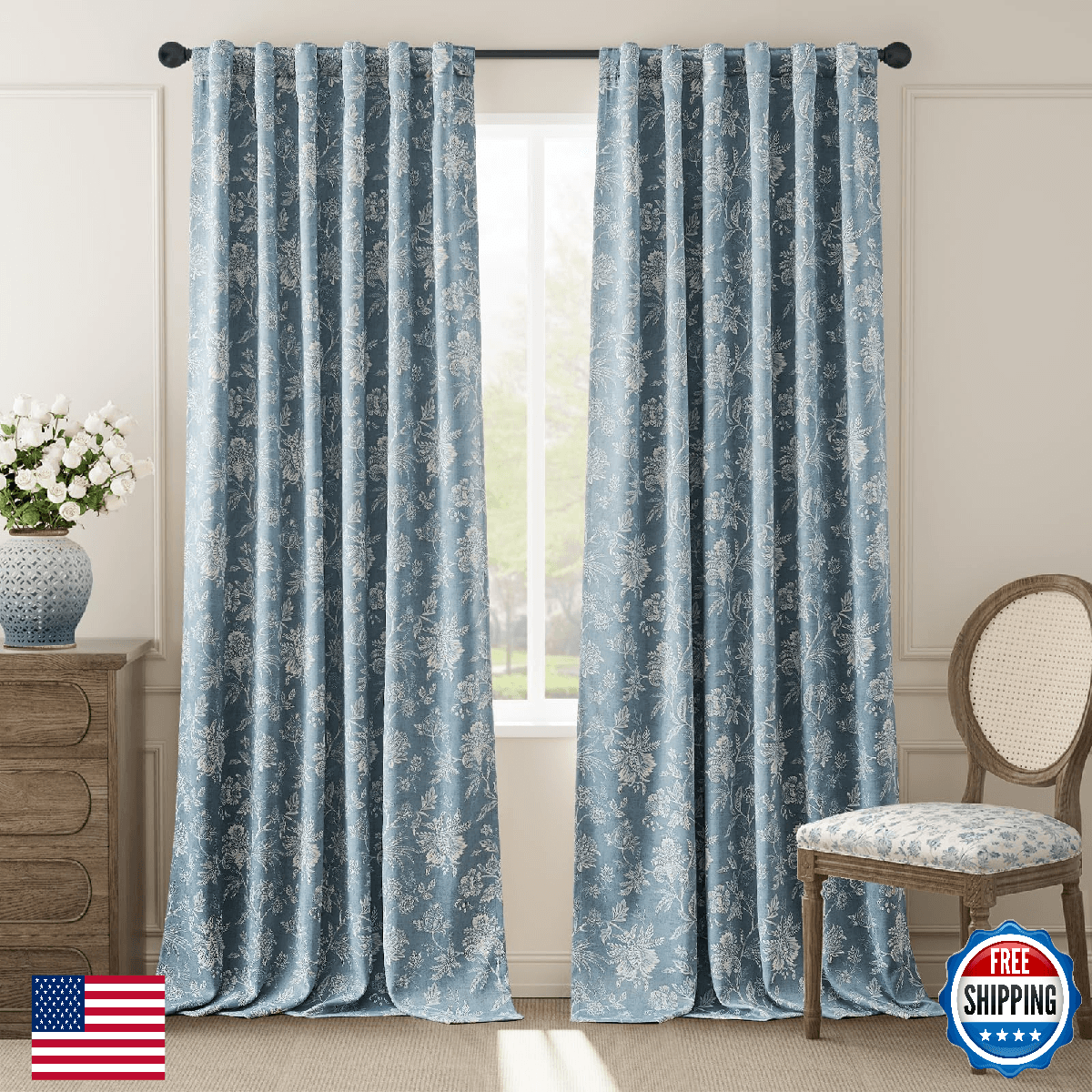 jinchan Blackout Floral Curtains for Bedroom 96 Inches Long White on Blue Printe - Image 1