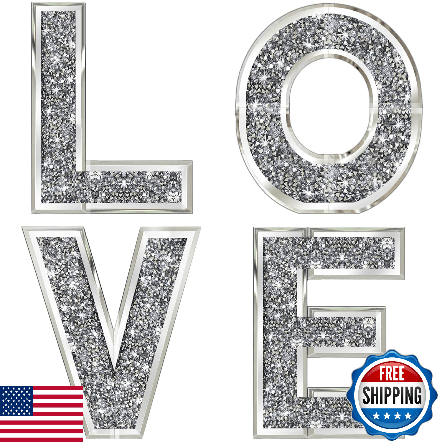 ZOLAPI 4 pcs Crystal Diamond Letters "LOVE" - Silver Mirror Wall Decor - Image 1