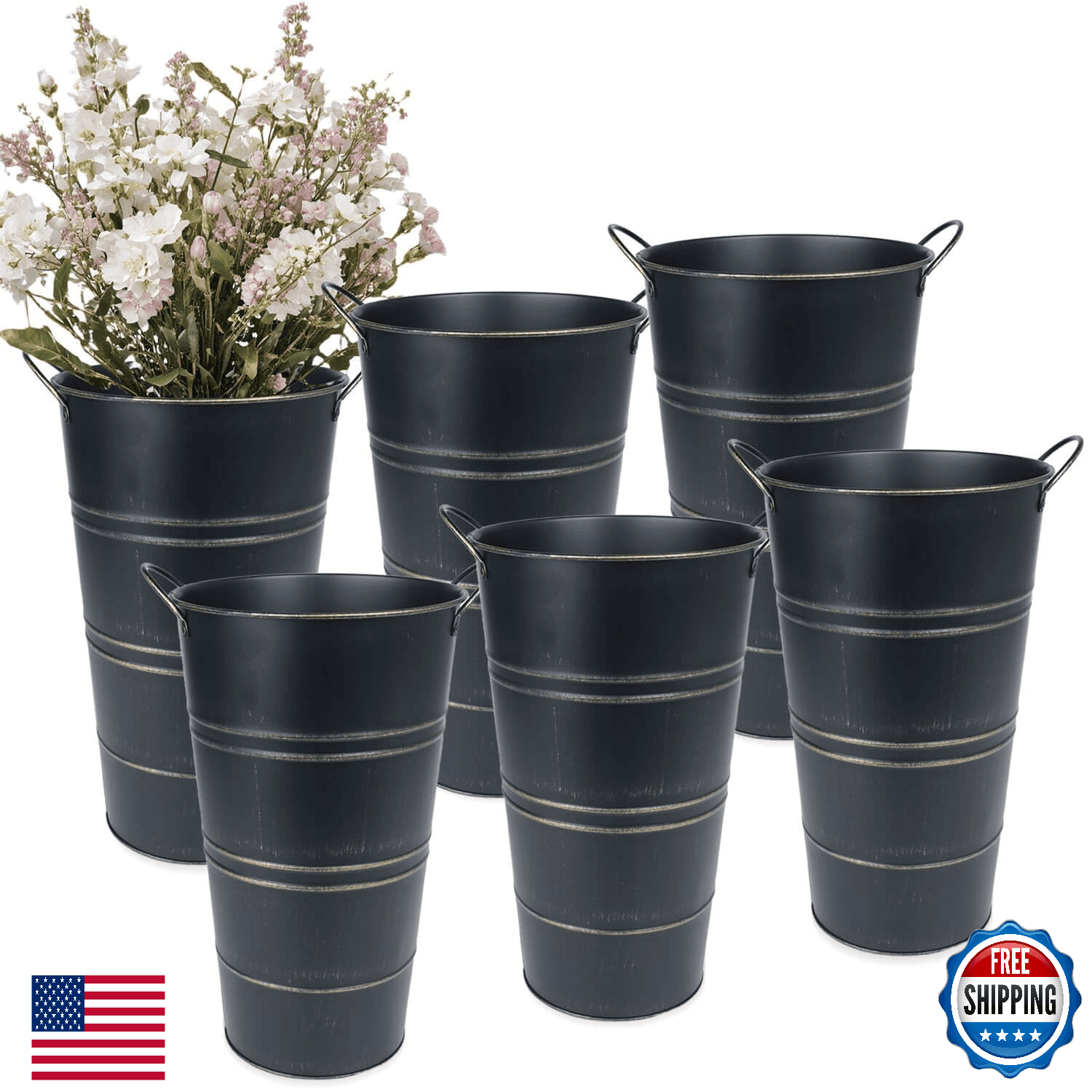 Galvanized Metal Vases 12" Farmhouse Flower Buckets - 6 Pack Rustic French - Image 1