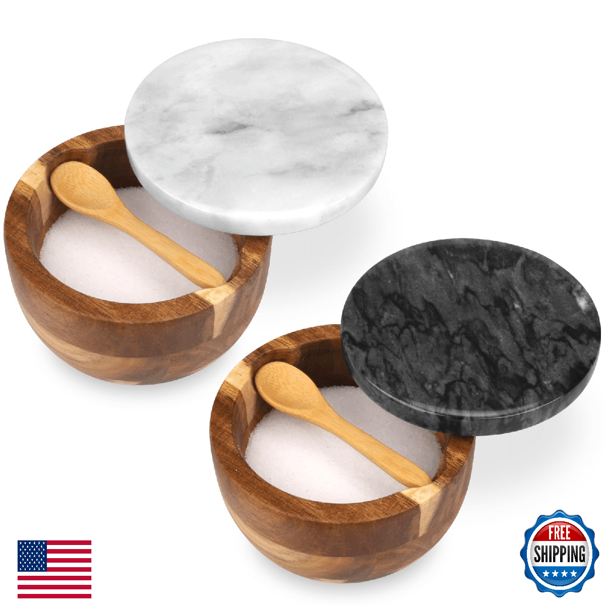 HESHIBI Salt Cellar Box with Lid & Spoon, Modern White Stone Salt or Pepper Suga - Image 1