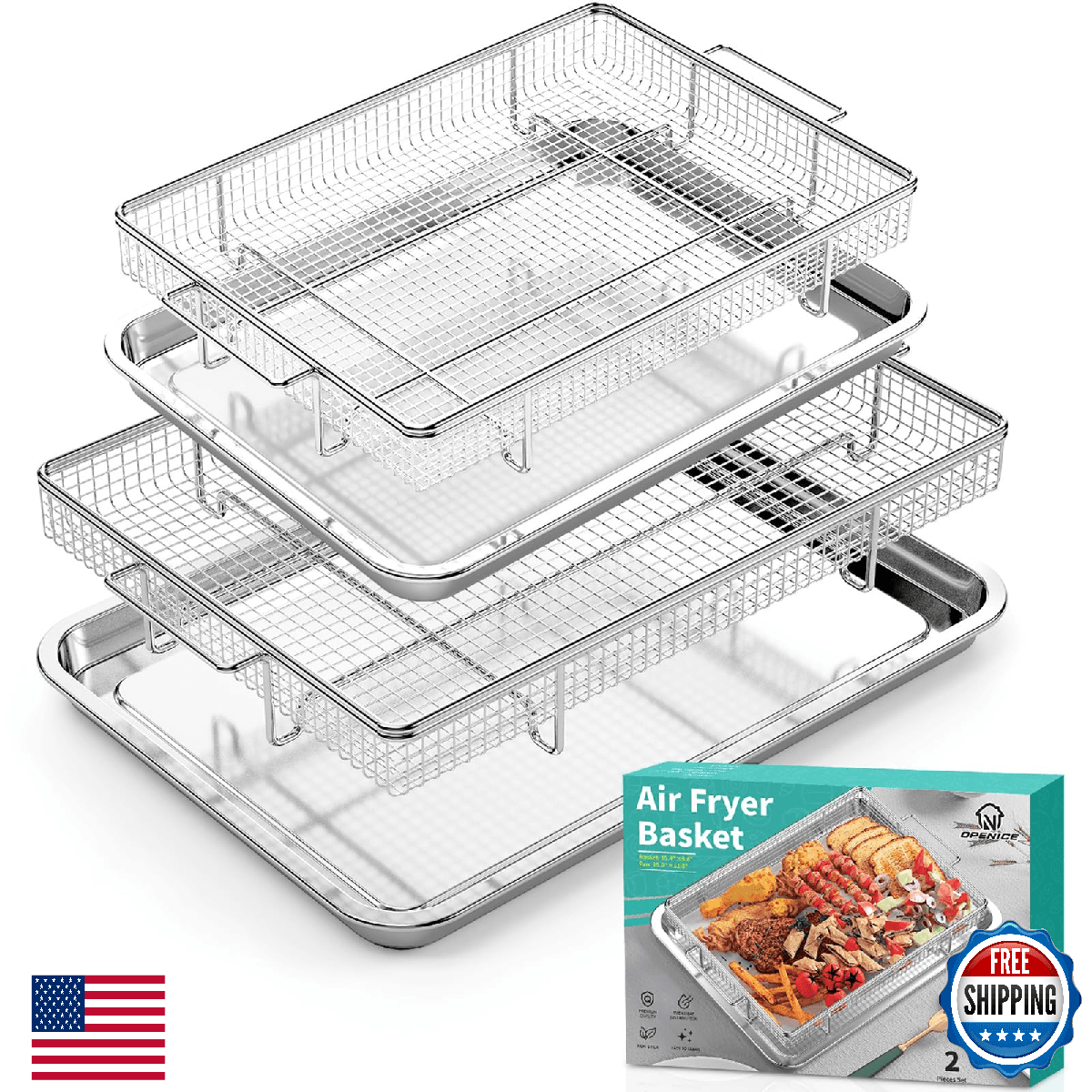 Air Fryer Basket for Oven, 25% Thicker, OPENICE 2 Set Oven Air Fryer Basket and - Image 1