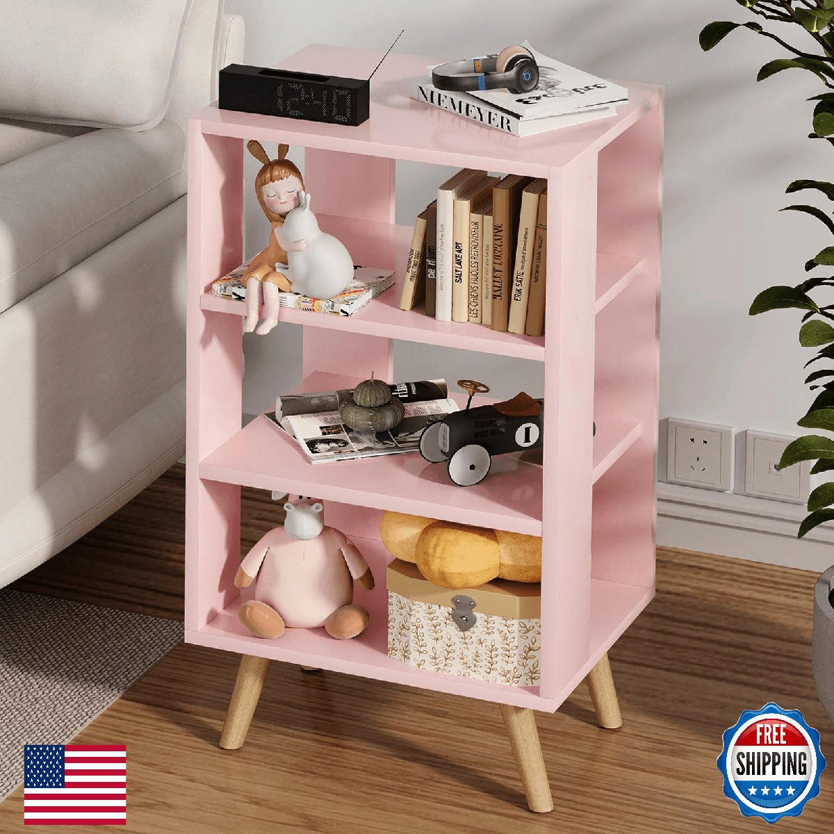 Aenuert Night Stand, Pink Nightstand, Modern End Table with Open Storage, 3-Tier - Image 1