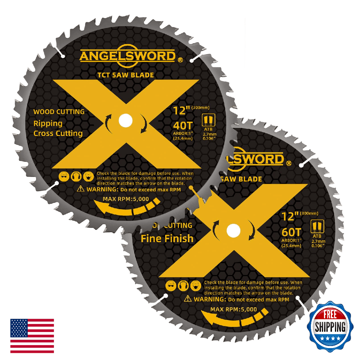 ANGELSWORD 12 Inch Miter Saw Blade, 40T for Ripping, Cross Cutting&60T for Fine - Image 1