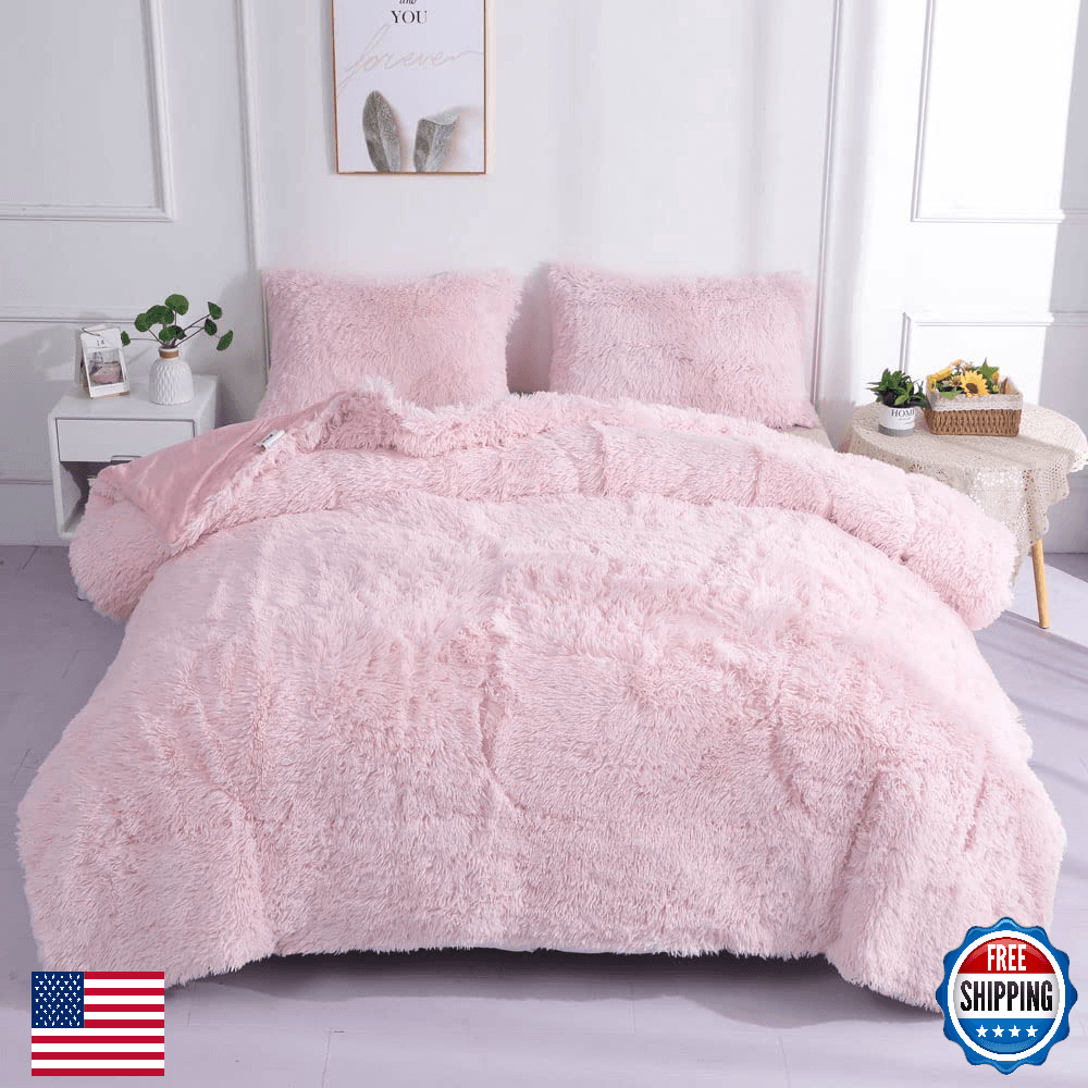 Chovy Kids Girls Faux Fur Light Pink Queen Comforter Set 3PC Plush Velvet Flanne - Image 1