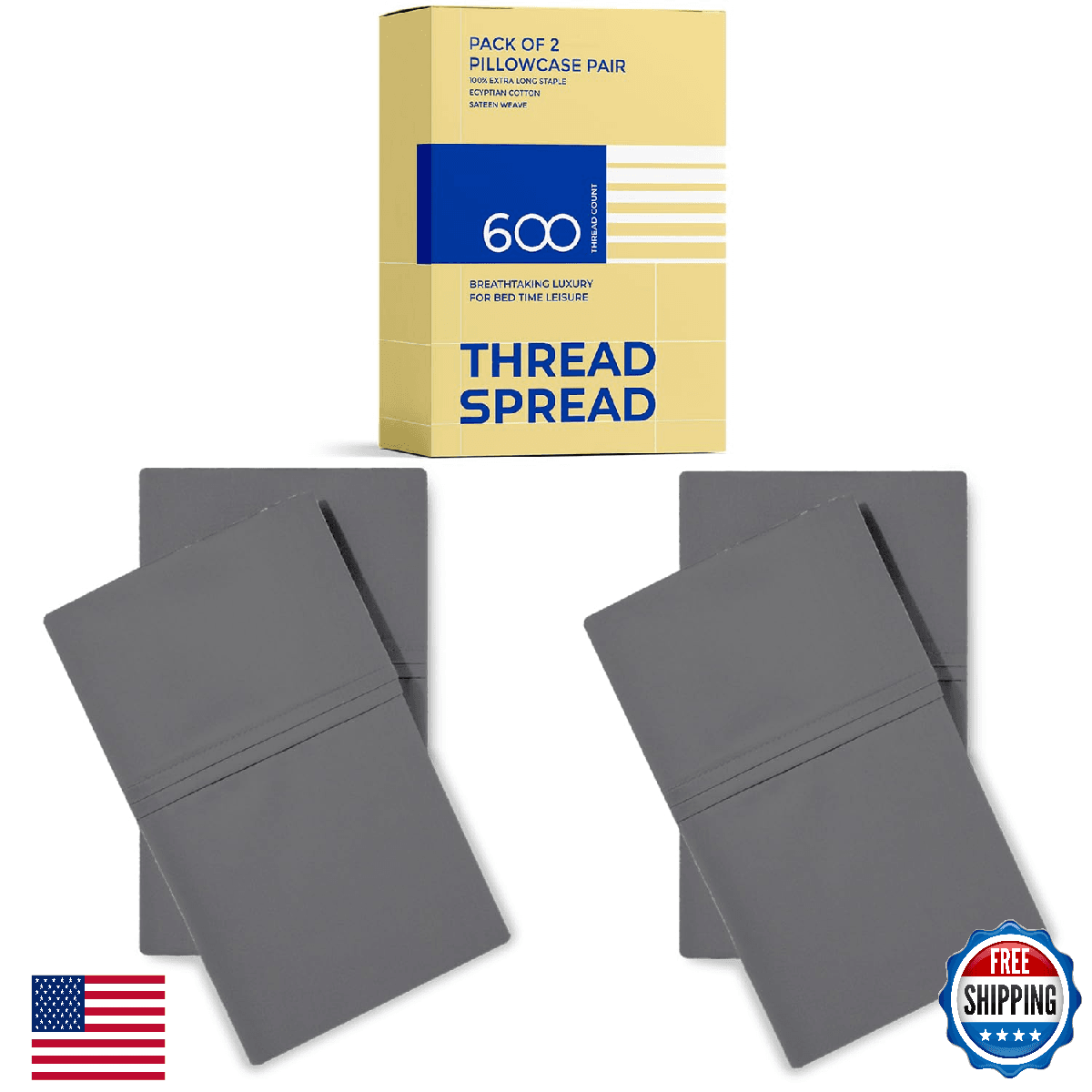 THREAD SPREAD 100% Egyptian Cotton King Size Pillow Cases Set of 2 - Luxury 600 - Image 1
