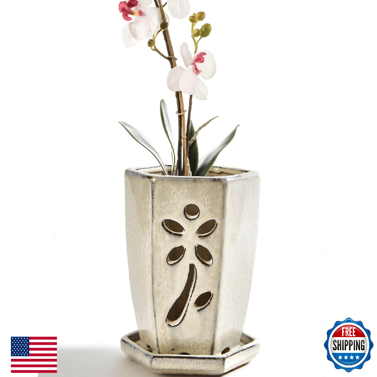 Vensovo 4" Ceramic Hexagon Orchid Pot w/ Holes & Attached Saucer - Image 1