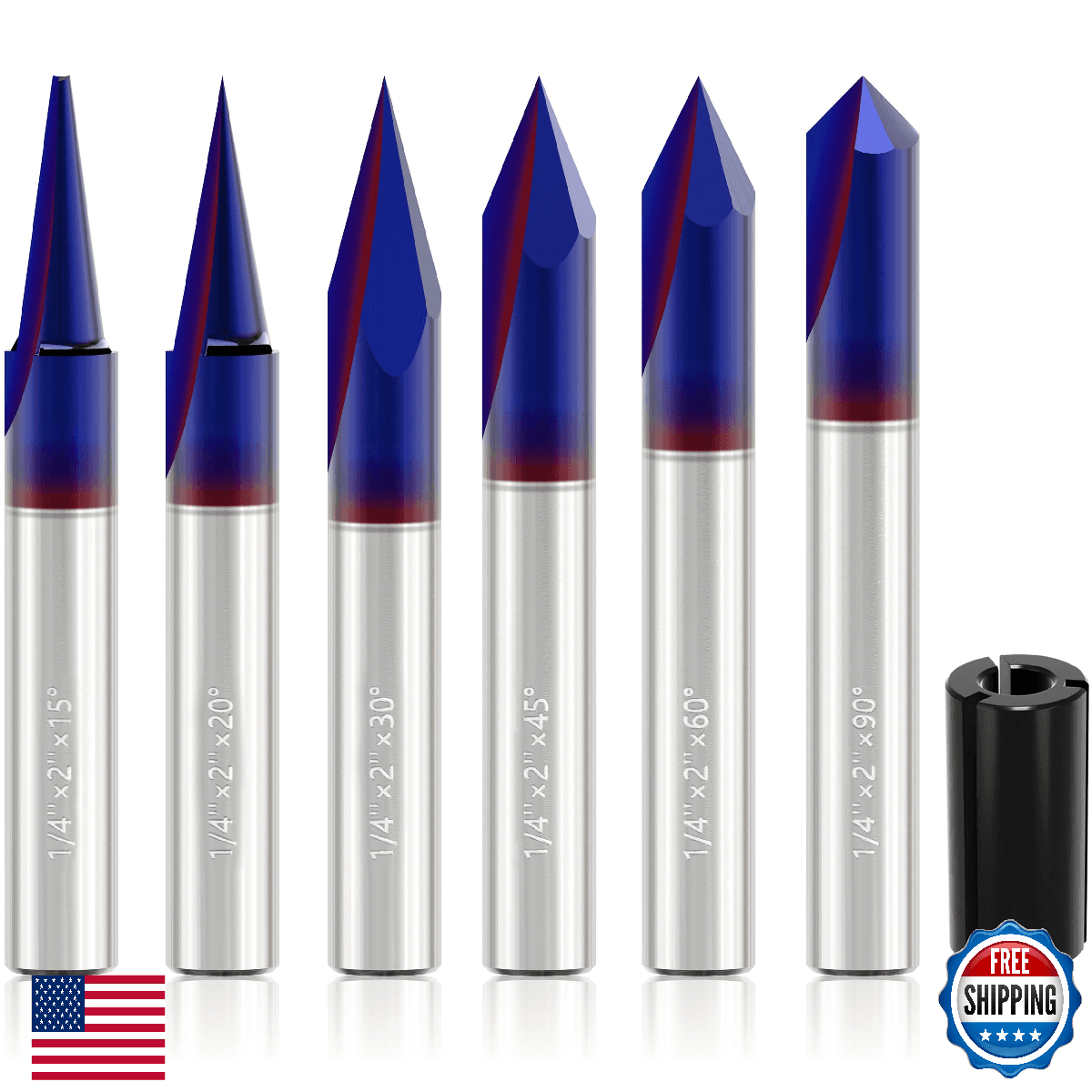 Engraving CNC Wood Carving Router Bit Set 1/4 Shank 15°, 20°, 30°45°, 60°, 90°De - Image 1