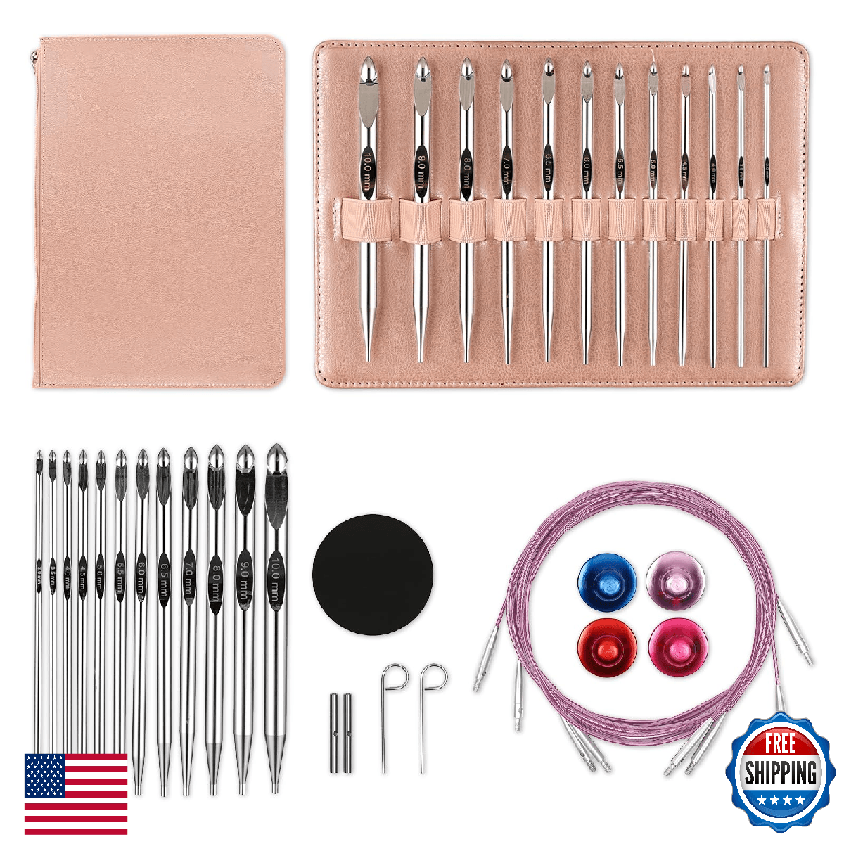 Tunisian Crochet Hooks Set Aluminum Metal Interchangeable Crochet Hook with Cabl - Image 1