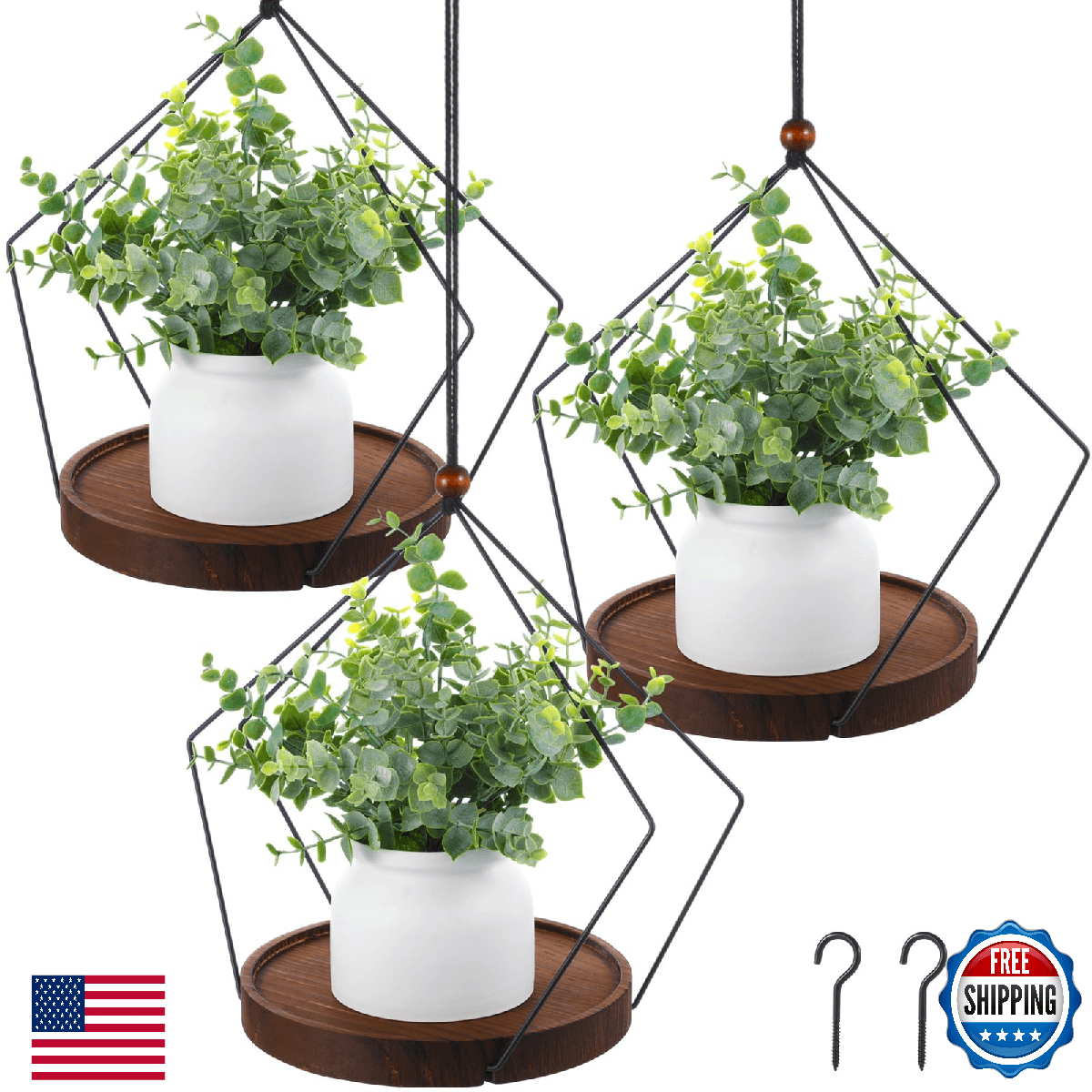 Threehoney 3 Pack Hanging Planters Indoor Black Plant Hanger Round Wood Base Lar - Image 1